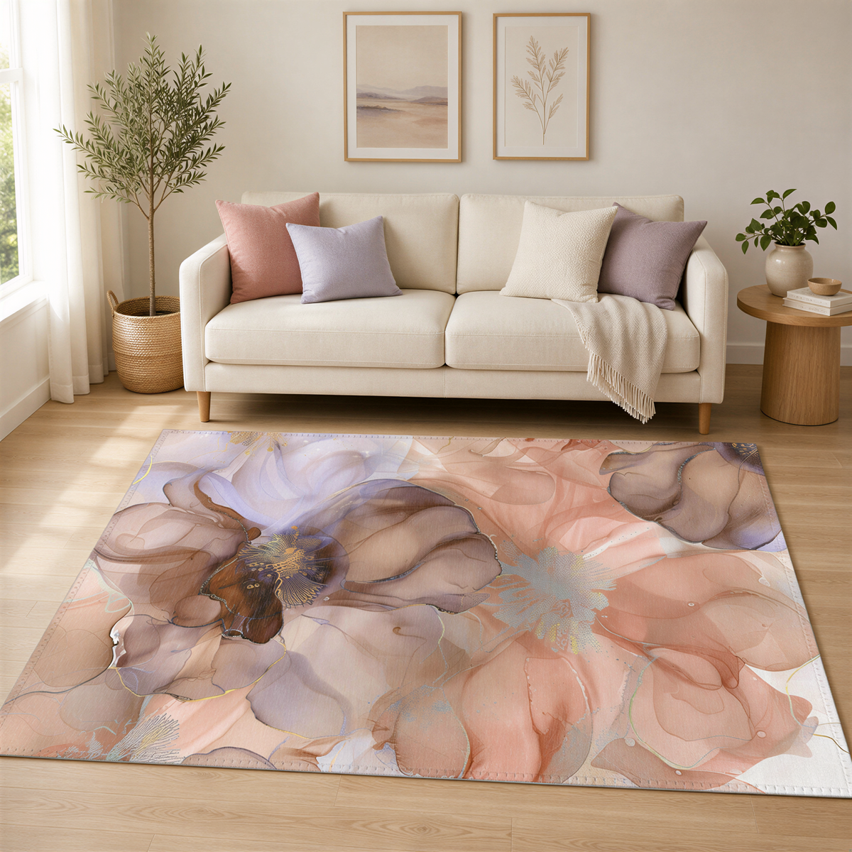 a living room with a white sofa, a large abstract floral rug, and various decorative elements such as a potted plant, a vase, and a framed picture on the wall.