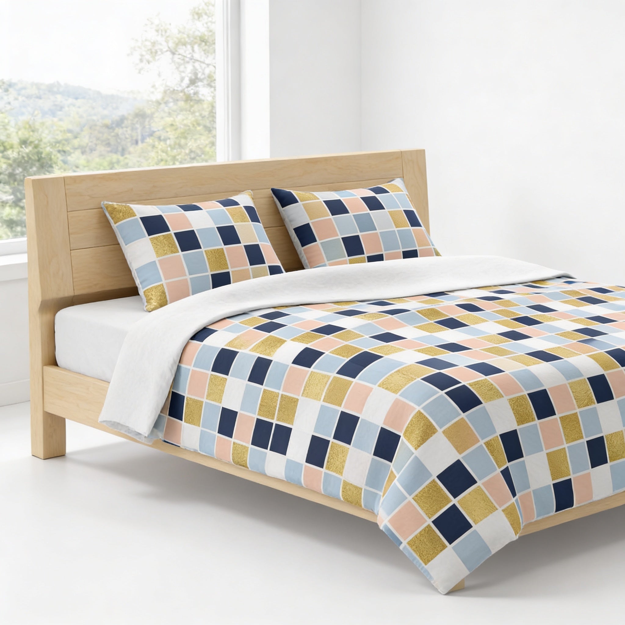 a modern bedroom with a wooden bed frame and a colorful, geometric patterned comforter and pillows.