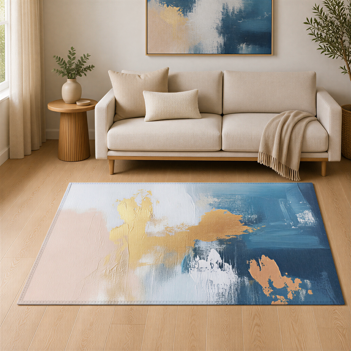a living room with a beige sofa, a wooden side table, and a large abstract rug with a blue and white color scheme.