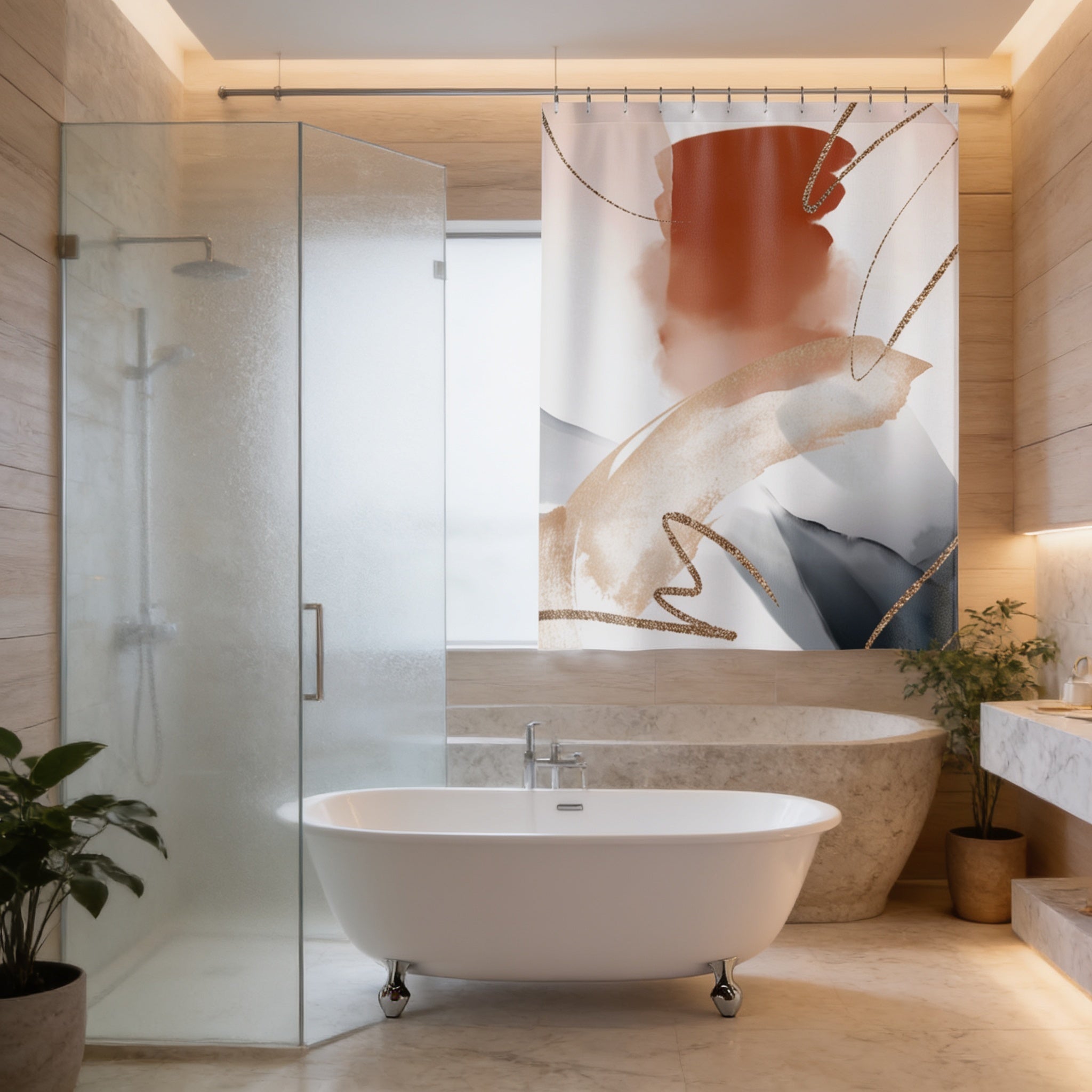 a modern bathroom with a large white freestanding bathtub, a glass-enclosed shower, and a large abstract painting hanging on the wall above the bathtub.