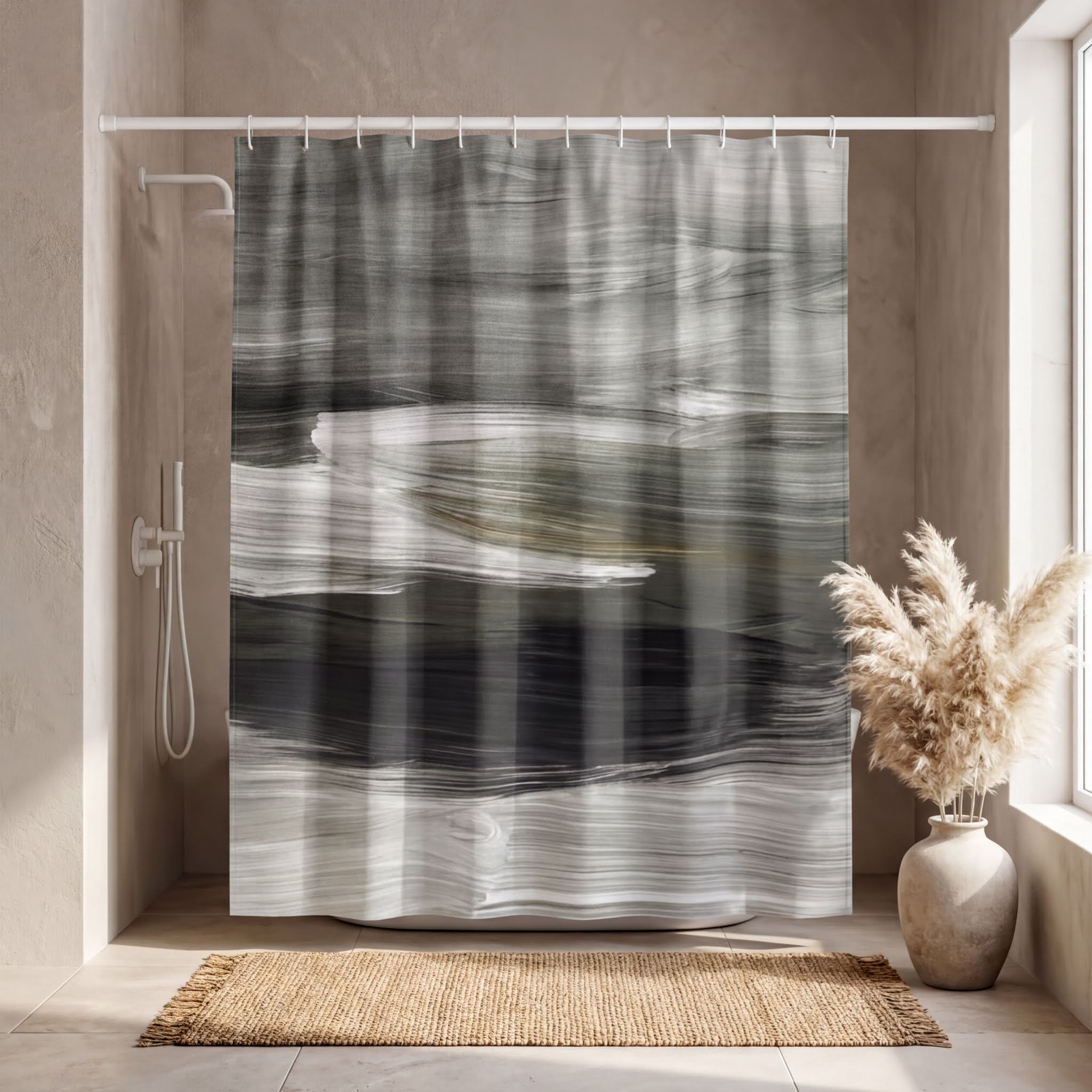 a bathroom with a shower curtain featuring a black and white abstract design. The shower curtain is hanging from a rod, and there is a vase with potted plants placed on the floor next to the shower curtain.