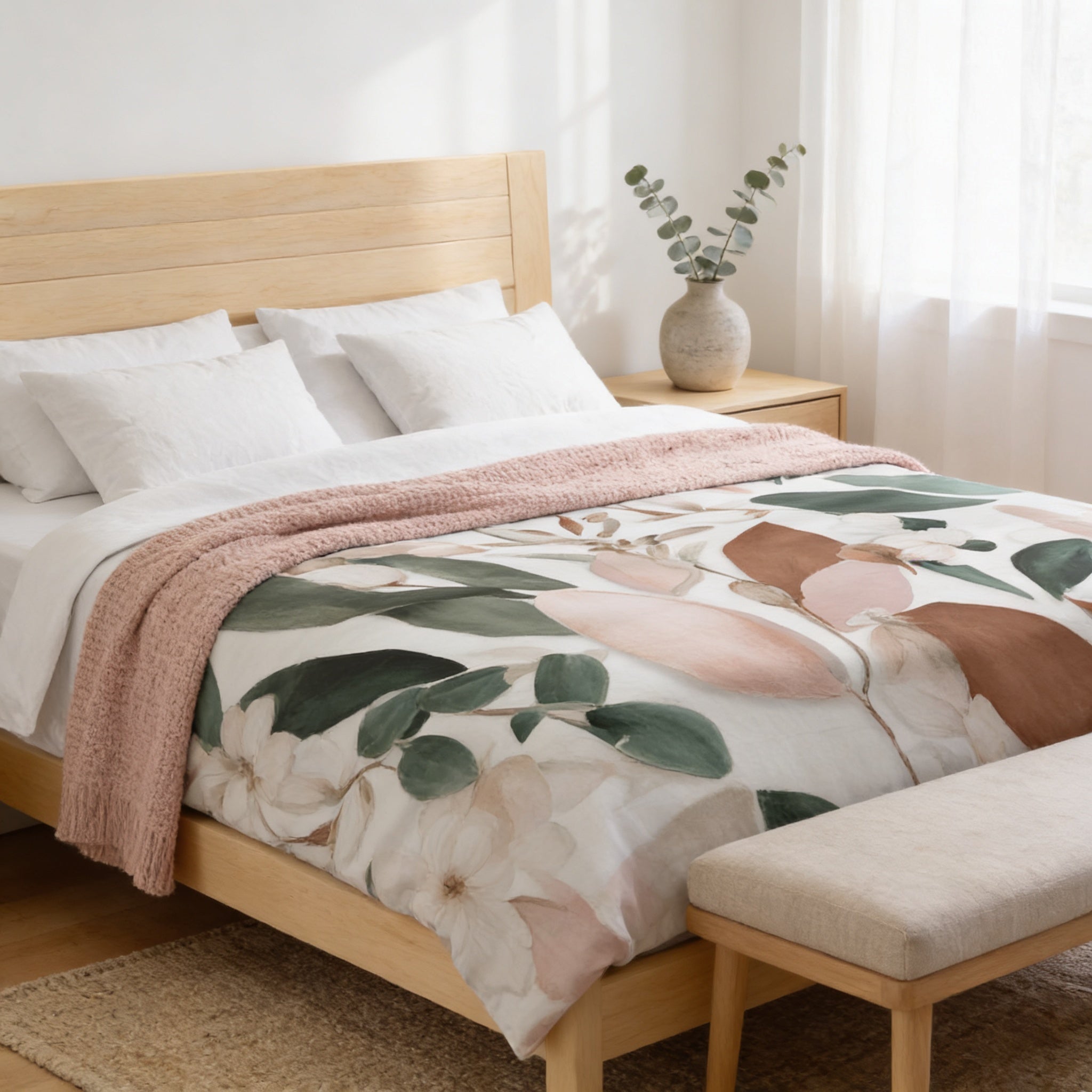 a cozy and inviting bedroom with a large bed adorned with a floral print comforter and a pink throw blanket. The bed is positioned against a wall with a window, allowing natural light to fill the space. A wooden nightstand stands next to the bed, and a vase of greenery adds a touch of nature to the room.