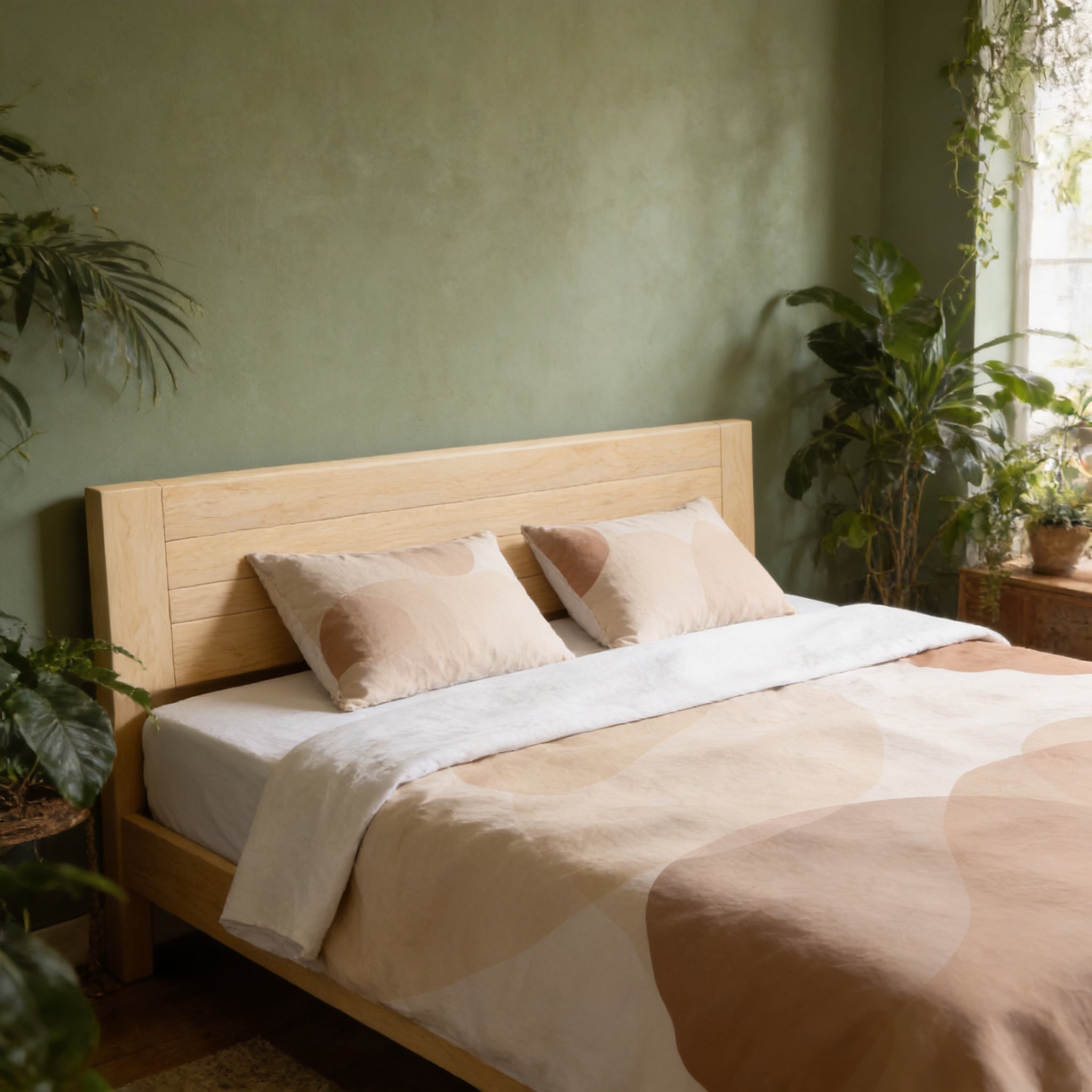 a serene and cozy bedroom with a wooden bed frame, a white and beige patterned comforter, and two matching pillows. The room is decorated with several potted plants, creating a lush and natural atmosphere.
