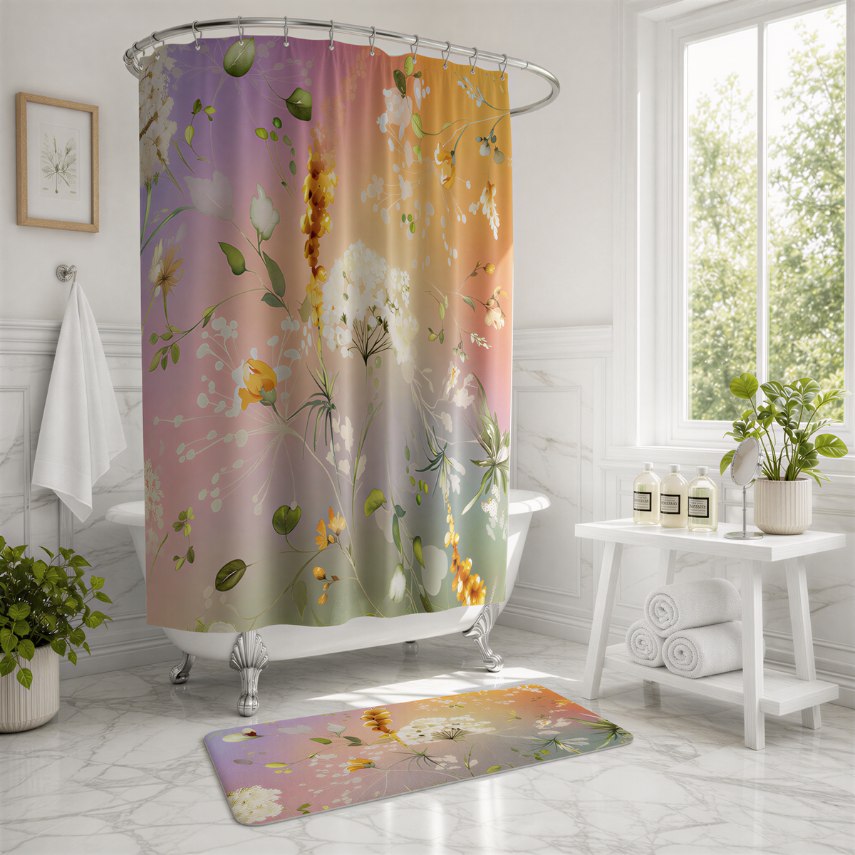a bathroom with a colorful floral shower curtain, a white bathtub, and a small table with bottles of lotion. The room has a white color scheme and features a large window that allows natural light to enter.