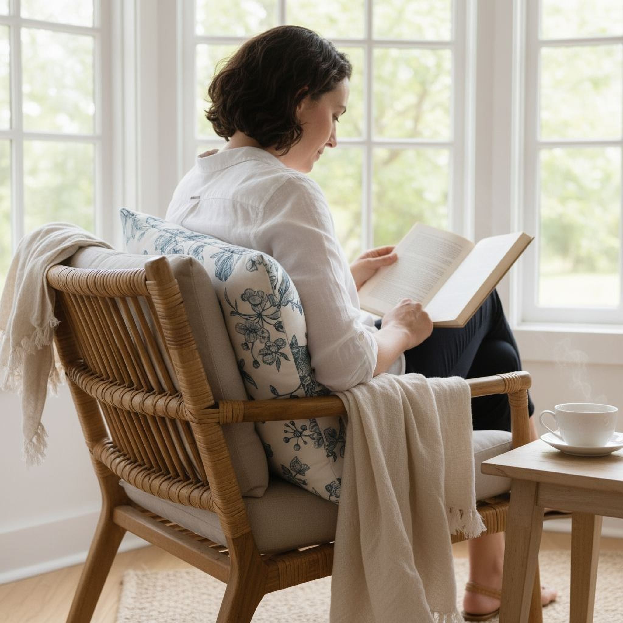 A woman is sitting in a wicker chair, reading a book and enjoying a warm beverage, with a window and natural light in the background.
