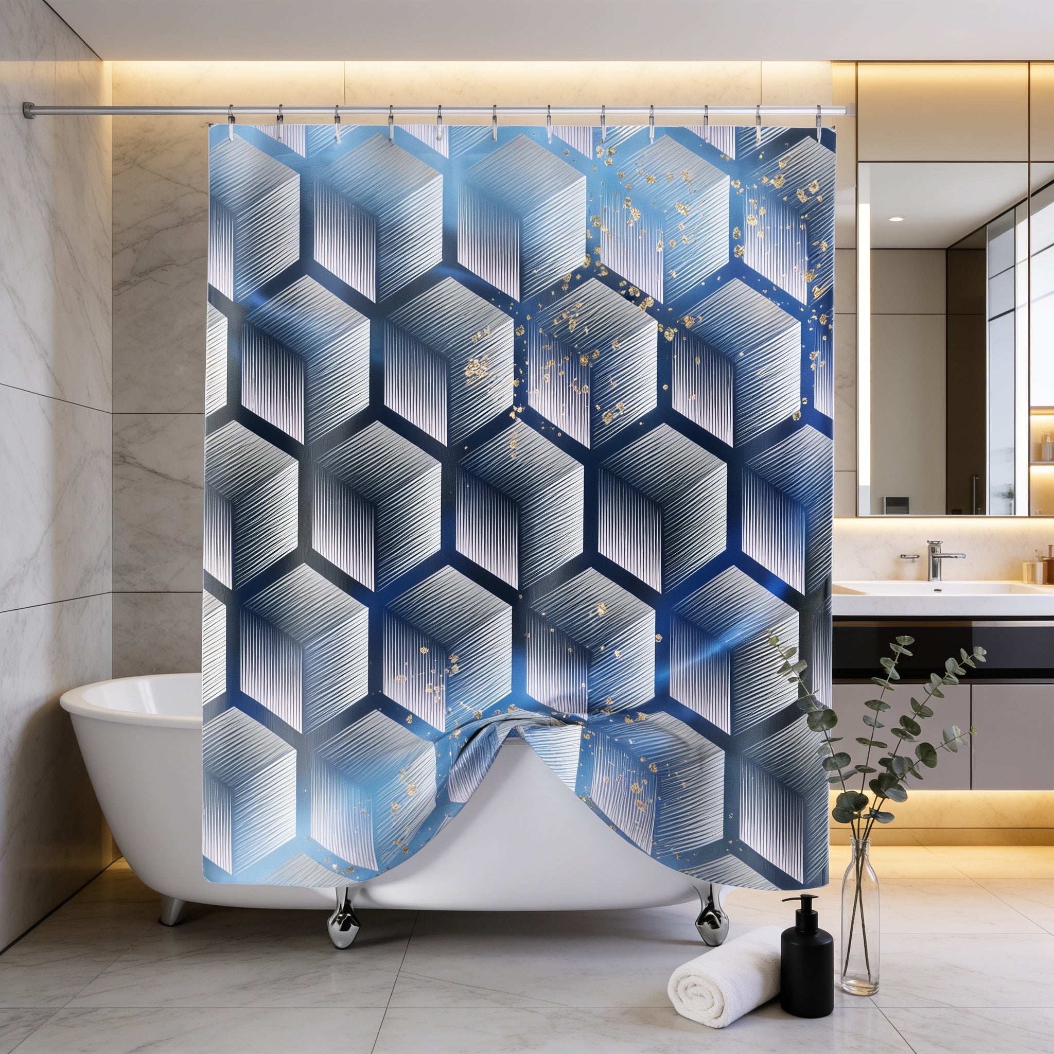 a modern bathroom with a white bathtub, a mirror, and a shower curtain with a geometric pattern in shades of blue and white.