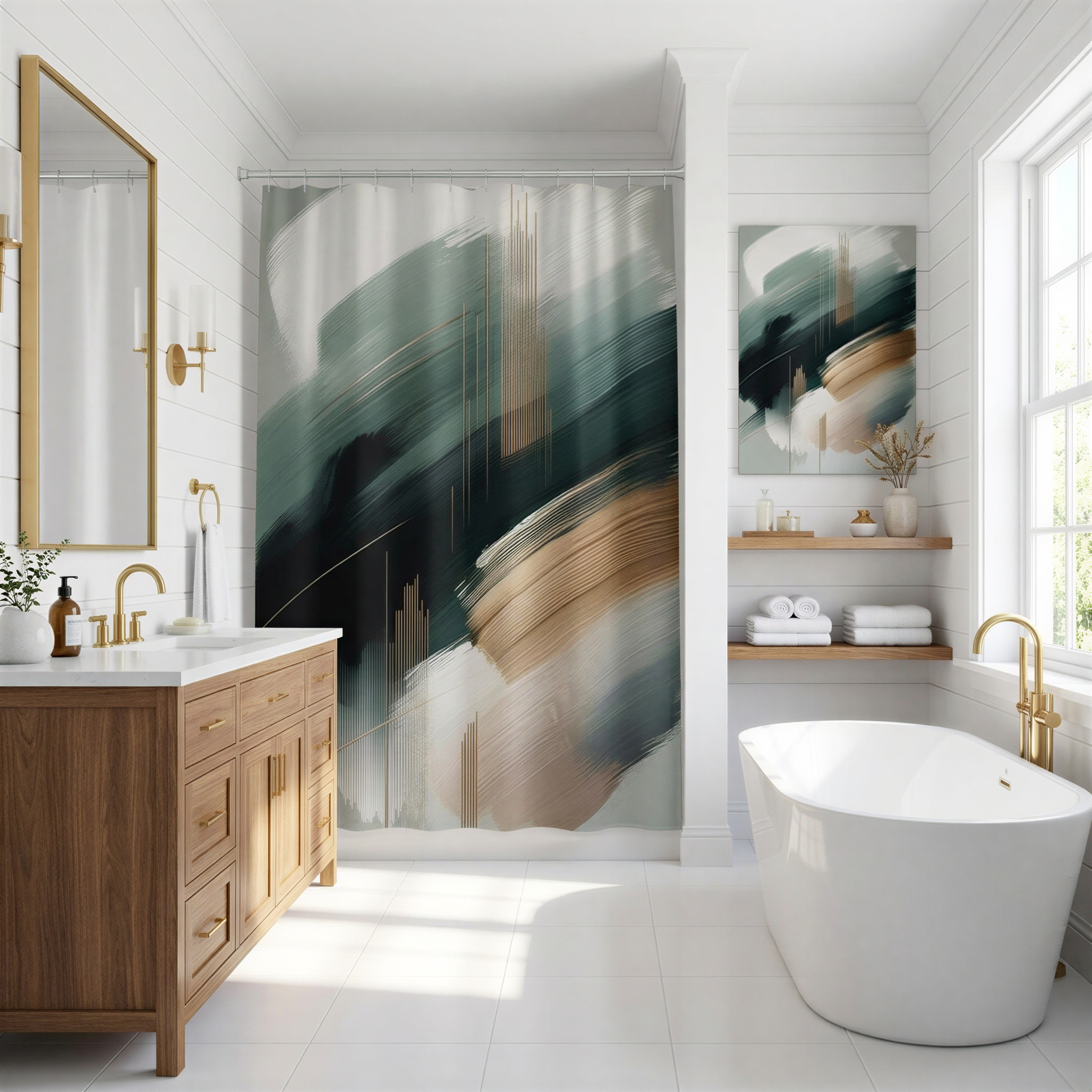 a modern and luxurious bathroom with a large white freestanding bathtub, a wooden vanity with a sink, and a large abstract shower curtain with a mix of green, blue, and brown colors.