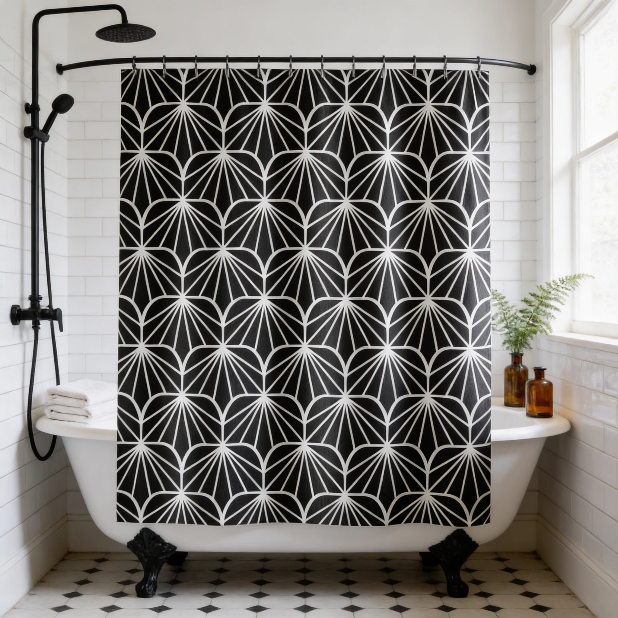 a bathroom with a white bathtub, a black and white patterned shower curtain, and a window. There are also two bottles and a plant in the bathroom.