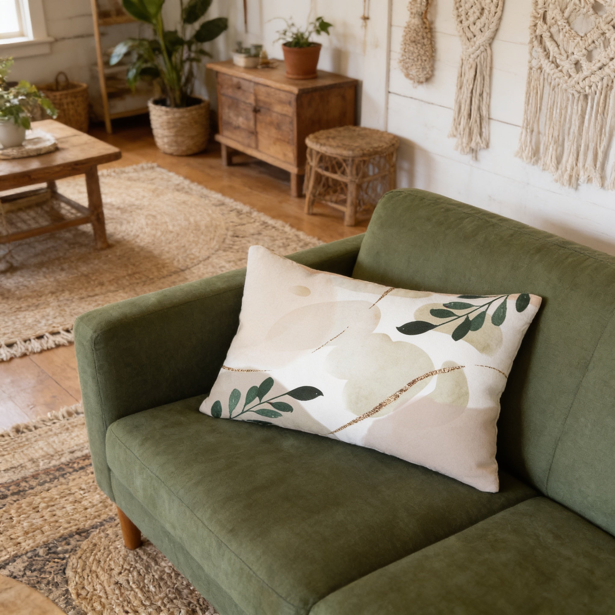 a cozy living room with a green sofa adorned with a decorative pillow. The room is decorated with various plants and other home furnishings, creating a warm and inviting atmosphere.
