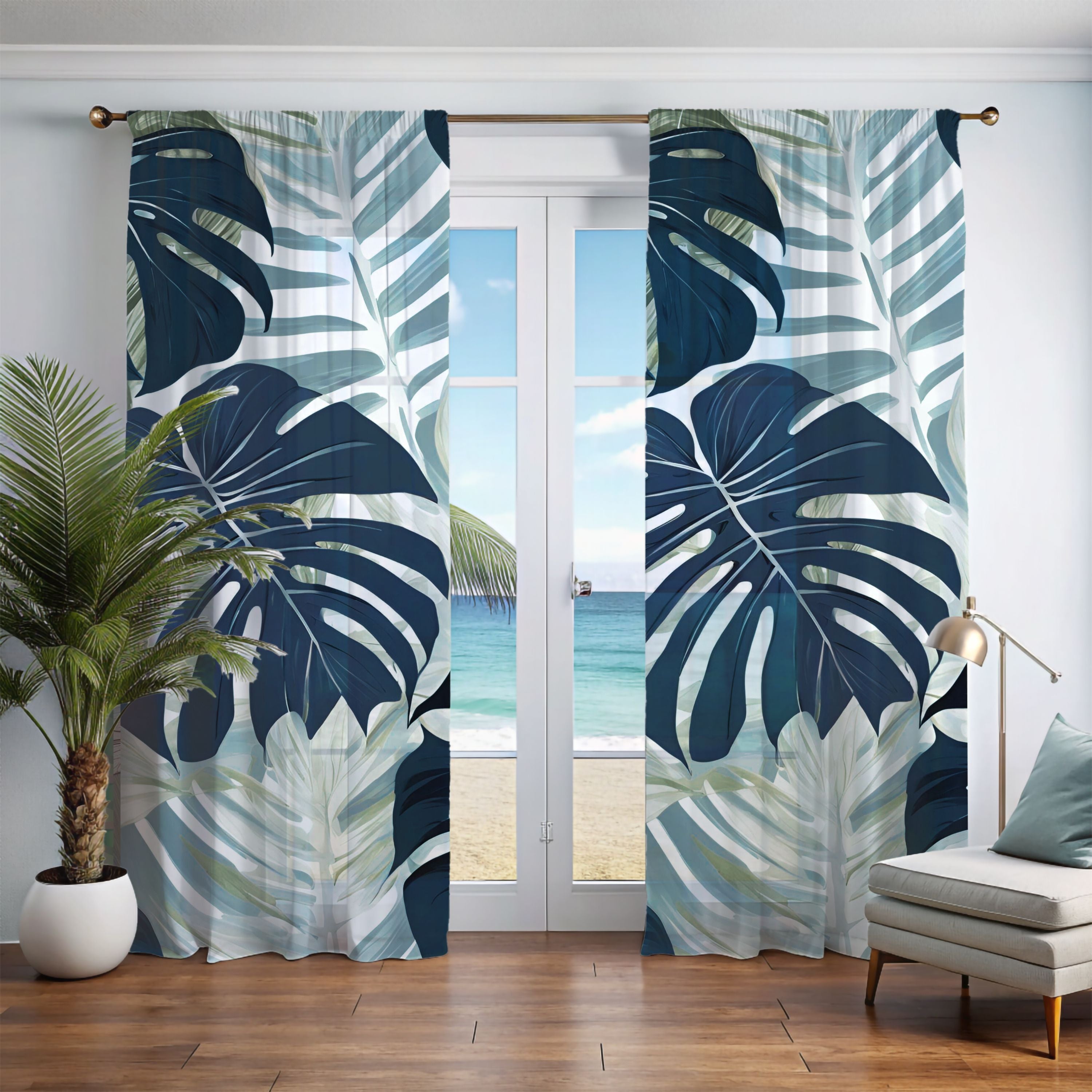 a living room with a large window and a palm tree