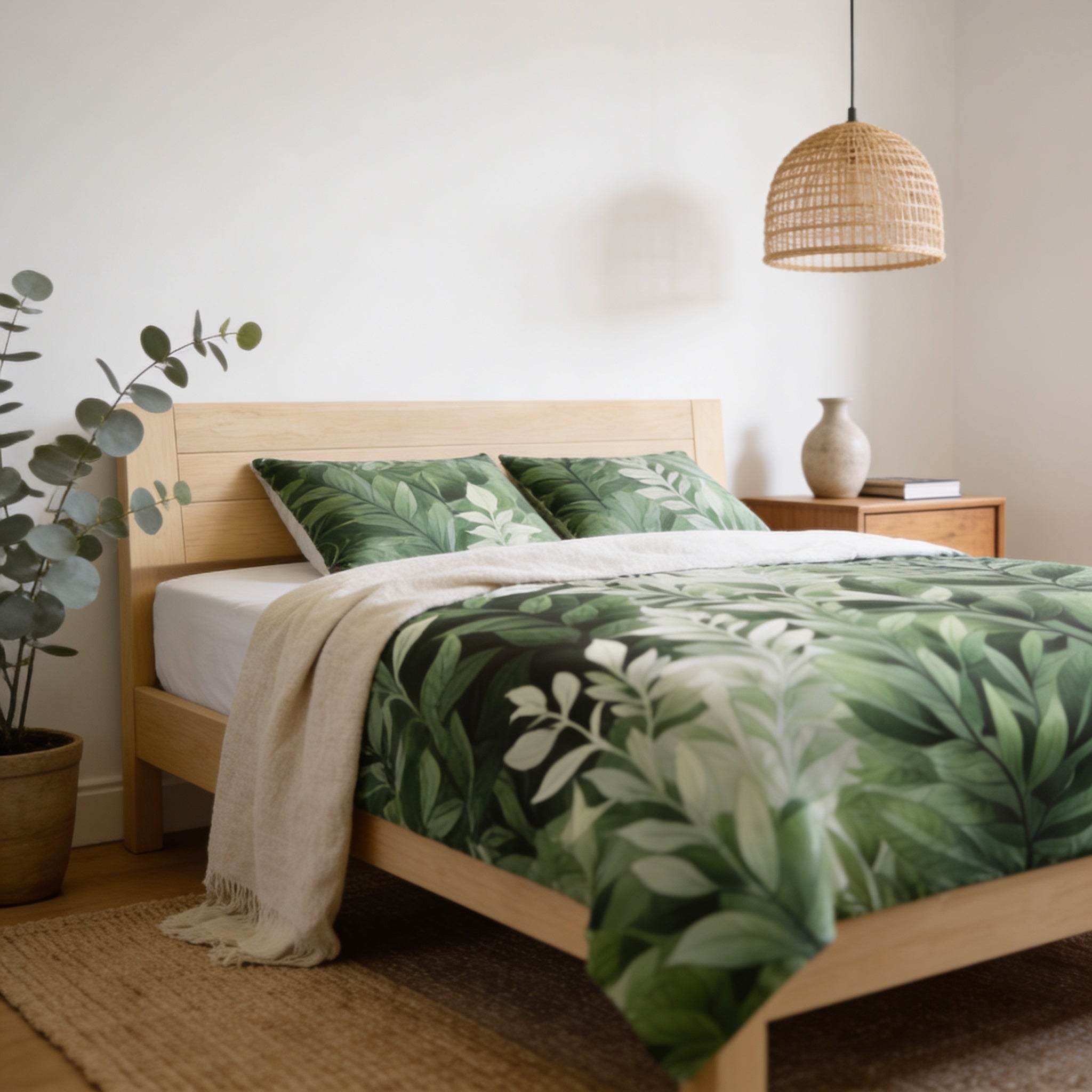 a serene and cozy bedroom with a large bed adorned with a green leafy bedspread and matching pillows. The bed is positioned against a white wall, and a potted plant is placed next to it. A woven light fixture hangs above the bed, adding a touch of rustic charm to the room.