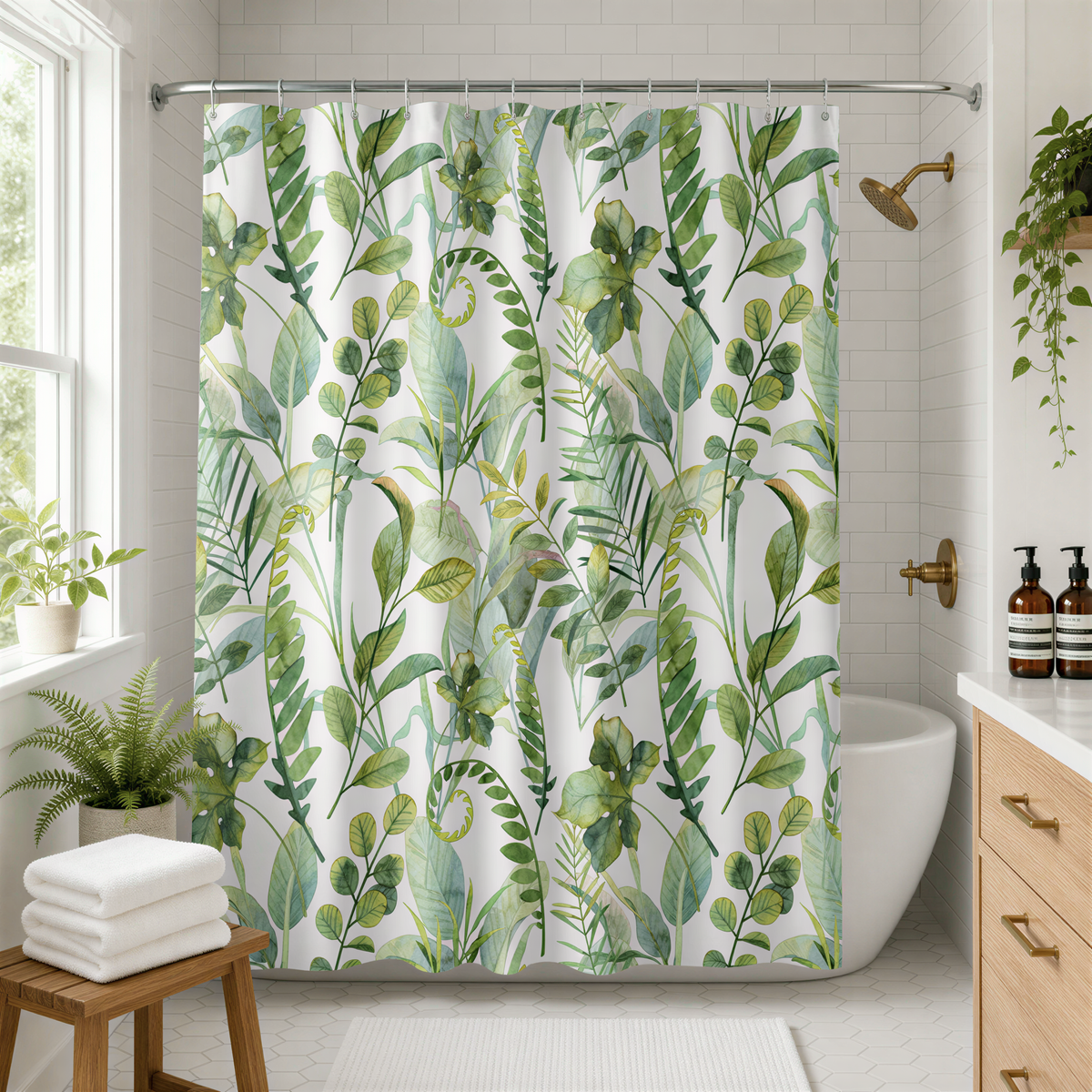 a bathroom with a shower curtain adorned with a tropical plant print in shades of green and white. The shower curtain is hanging from a rod above a white bathtub. The bathroom also includes a wooden stool, potted plants, and various toiletries, creating a cozy and natural atmosphere.