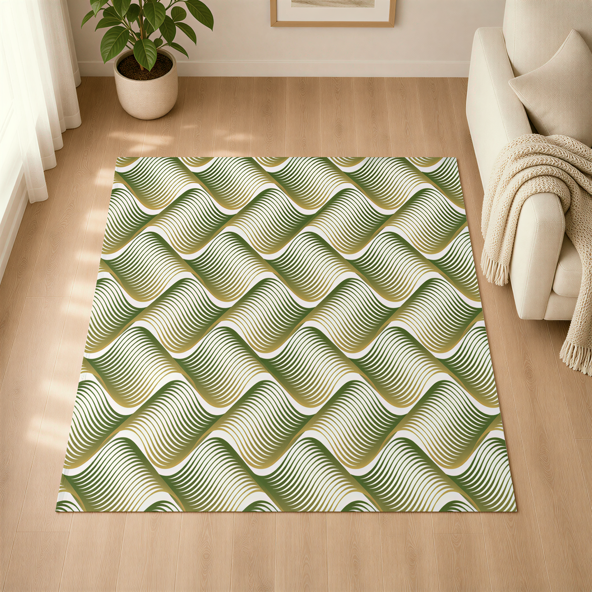 a large rug with a repeating pattern of green and white waves on a wooden floor. The rug is placed in front of a white armchair, and there is a potted plant nearby.