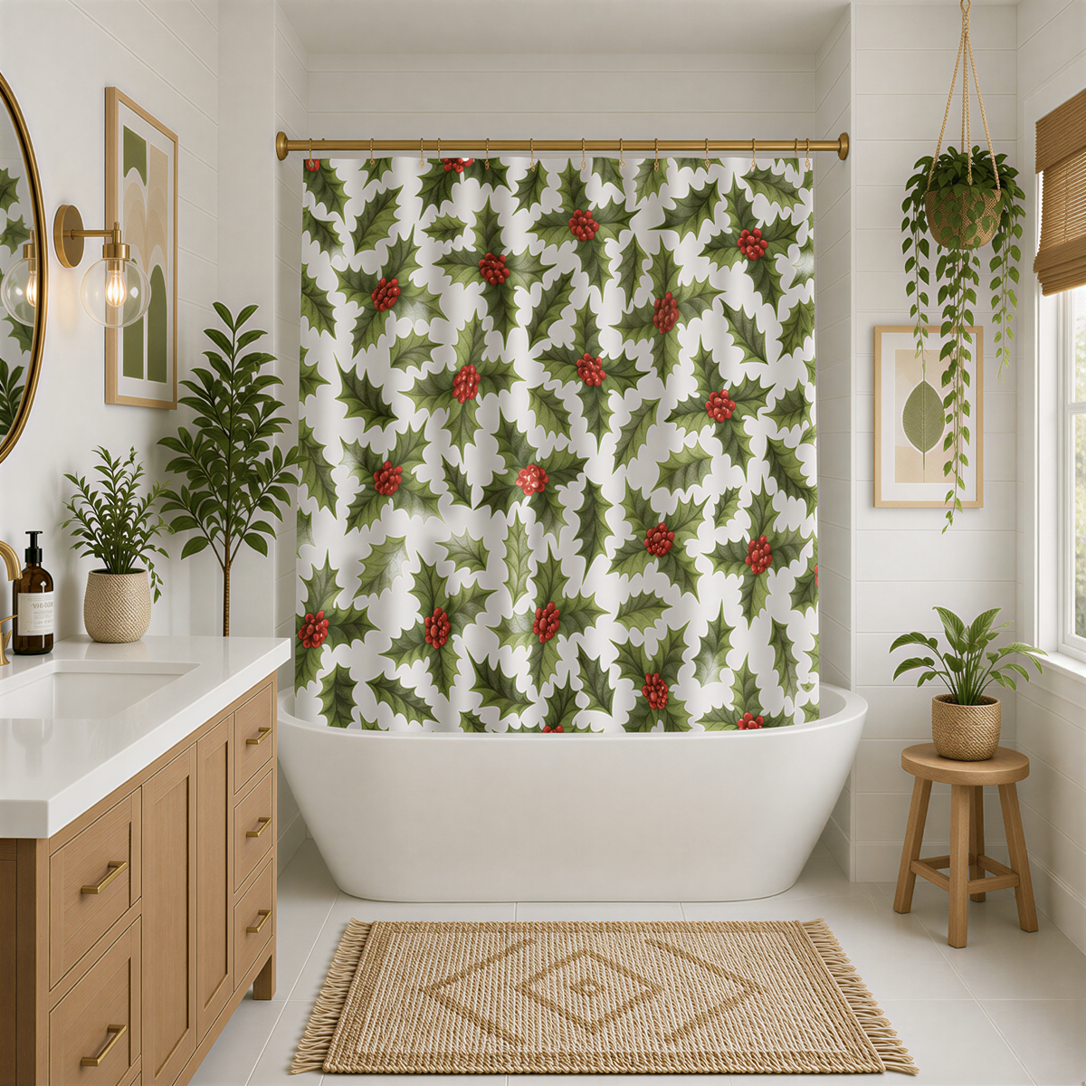 a bathroom with a white bathtub, a shower curtain with a holly pattern, and various decorative elements such as potted plants and a rug.