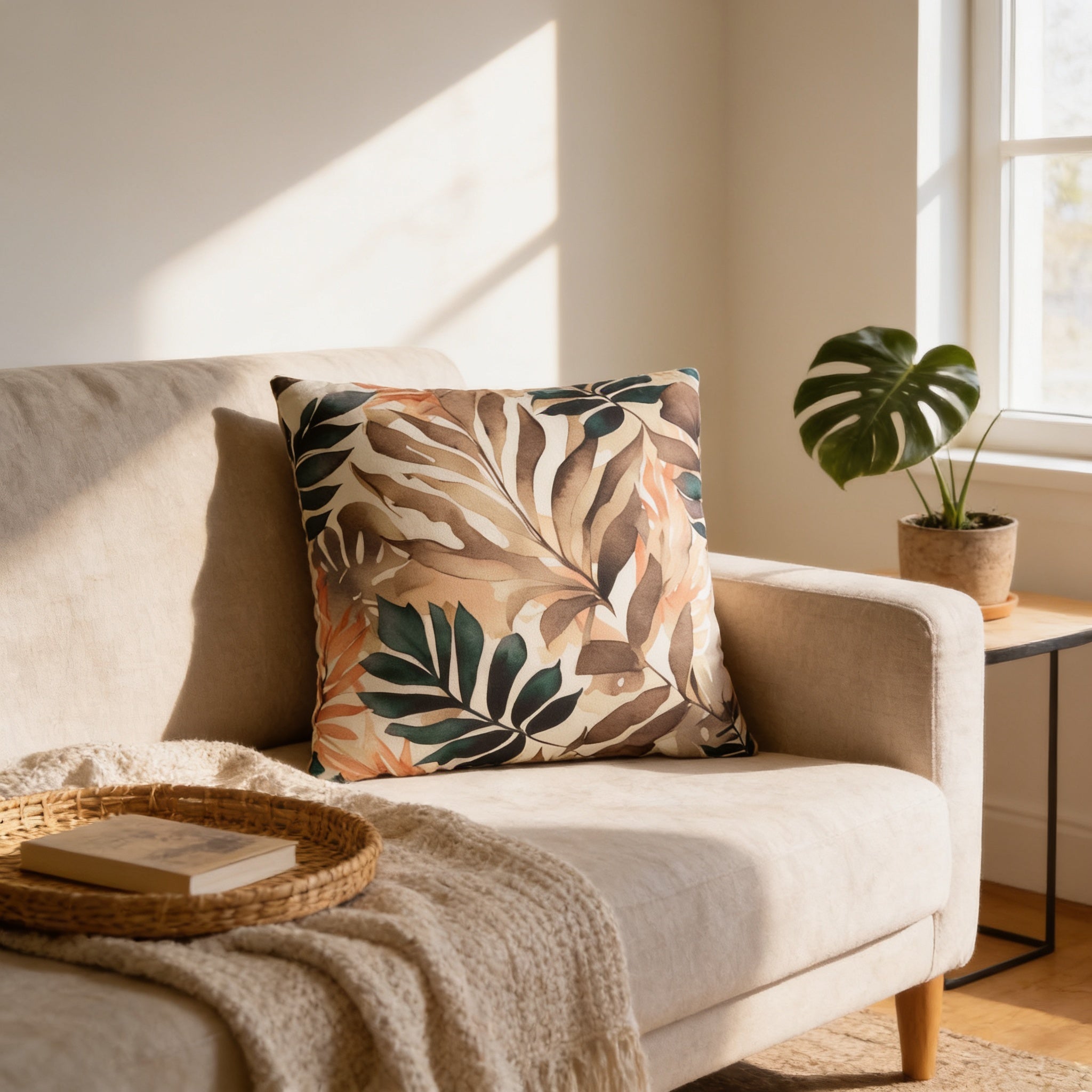 a cozy living room with a beige sofa adorned with a throw blanket and a decorative pillow with a leaf pattern. A small potted plant is placed on the windowsill, and a basket of books is situated on the floor next to the sofa.
