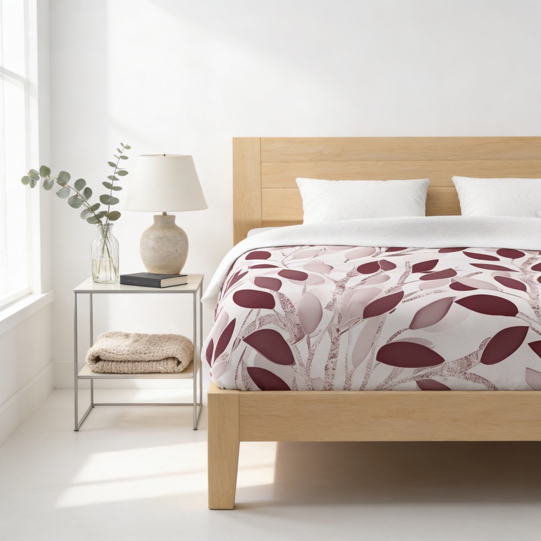 a serene and modern bedroom with a wooden bed frame, a nightstand, and a lamp. The bed has a white and burgundy leaf-patterned comforter, and the nightstand has a vase of greenery and a book. The room has a clean, minimalist aesthetic with white walls and a wooden floor.