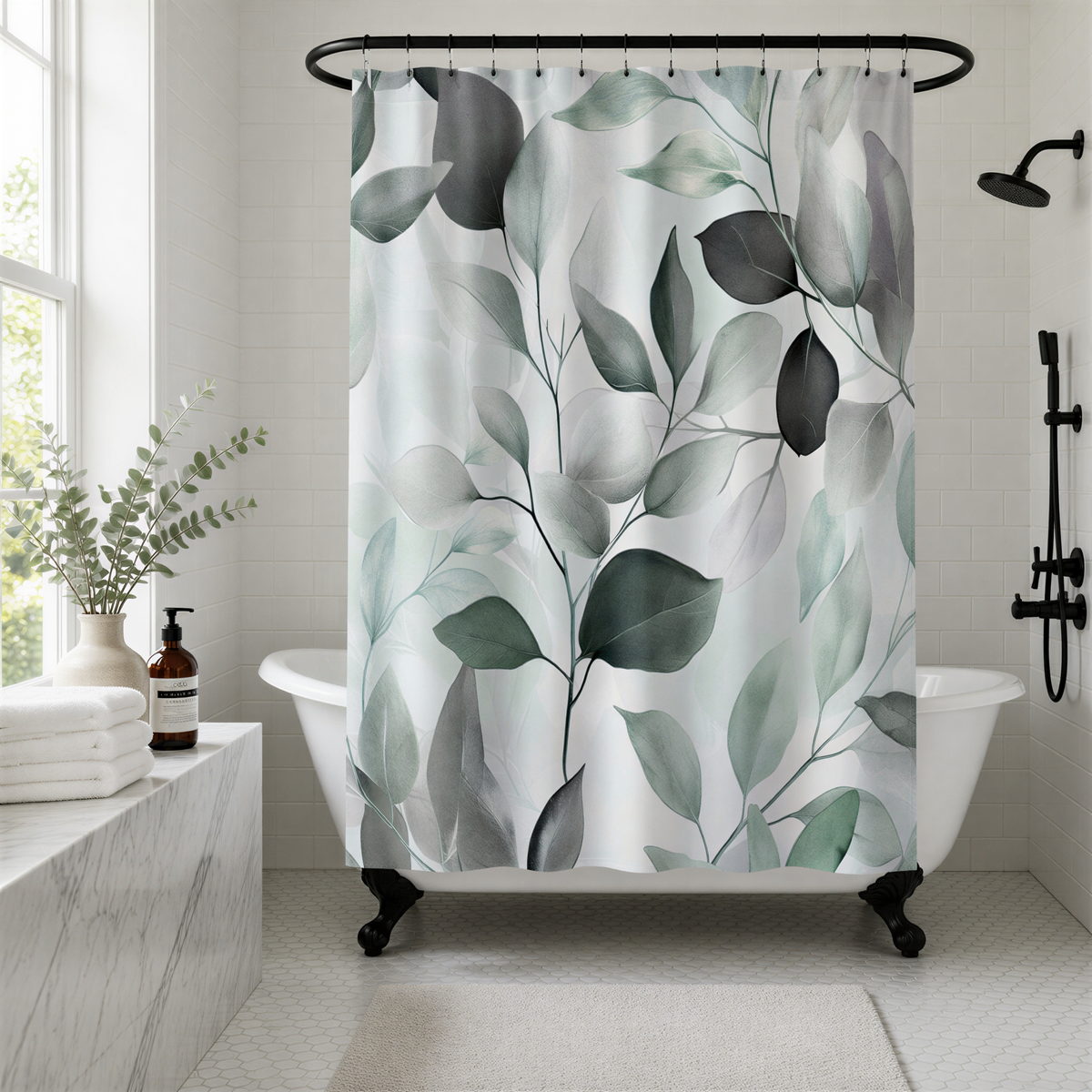 a bathroom with a white bathtub, a shower curtain with a leaf pattern, and a marble countertop with a bottle of soap and a plant.