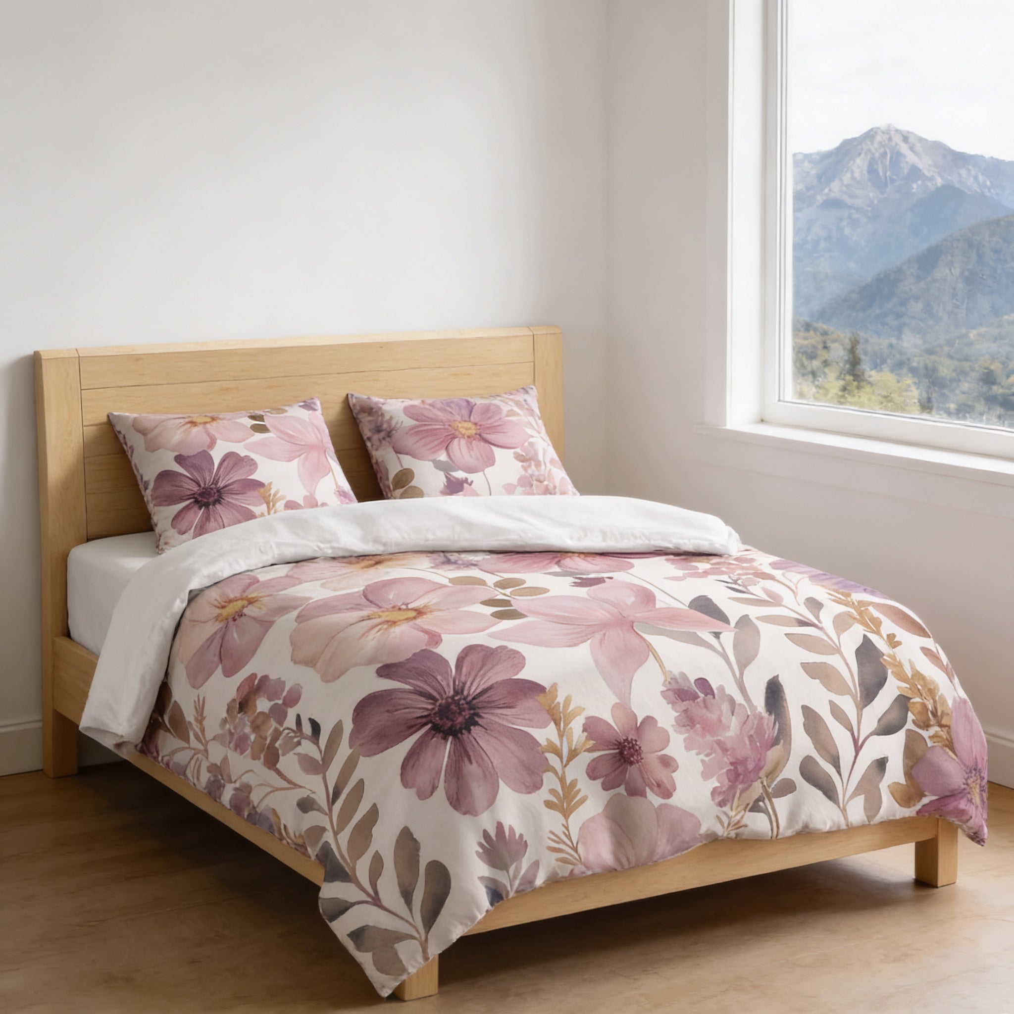a bedroom with a bed covered in a floral print comforter and pillows. The bed is positioned against a wall with a window, offering a view of a mountain landscape outside.