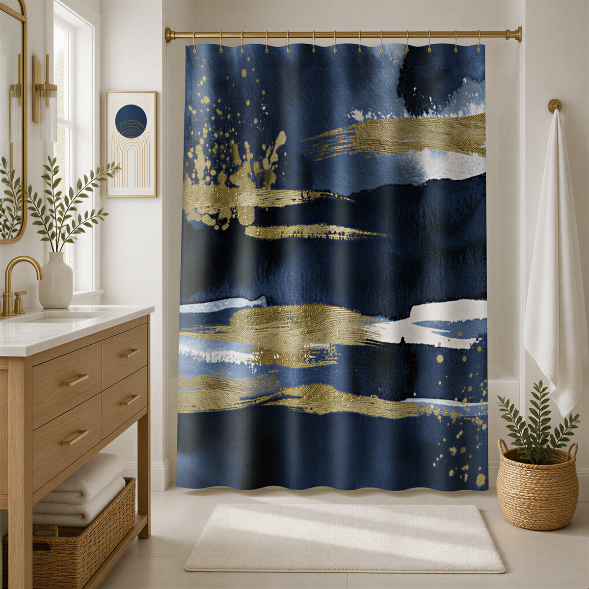 a bathroom with a large blue and gold abstract painting hanging on the wall, a wooden dresser, a white rug, and a potted plant.