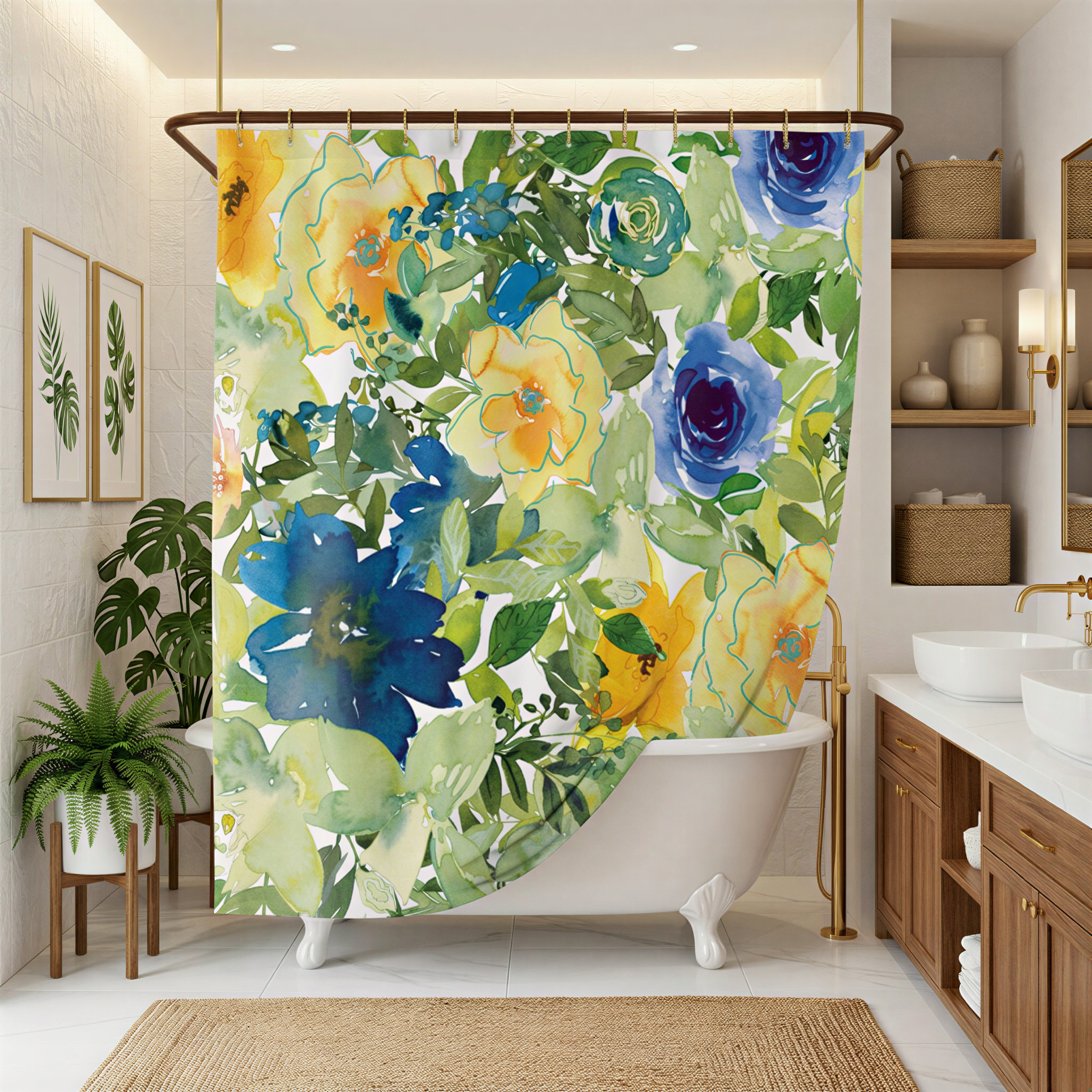 a bathroom with a white clawfoot bathtub, a shower curtain with a floral design, and various decorative elements such as potted plants and vases.
