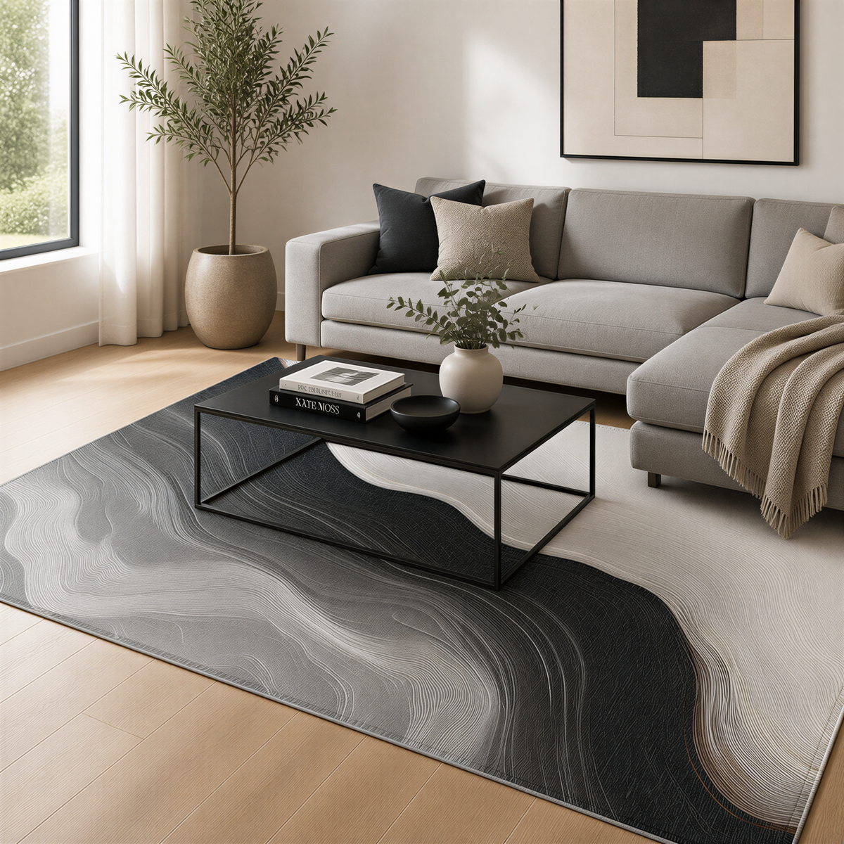 a modern living room with a gray sectional sofa, a black coffee table, a large abstract rug, and a potted plant.