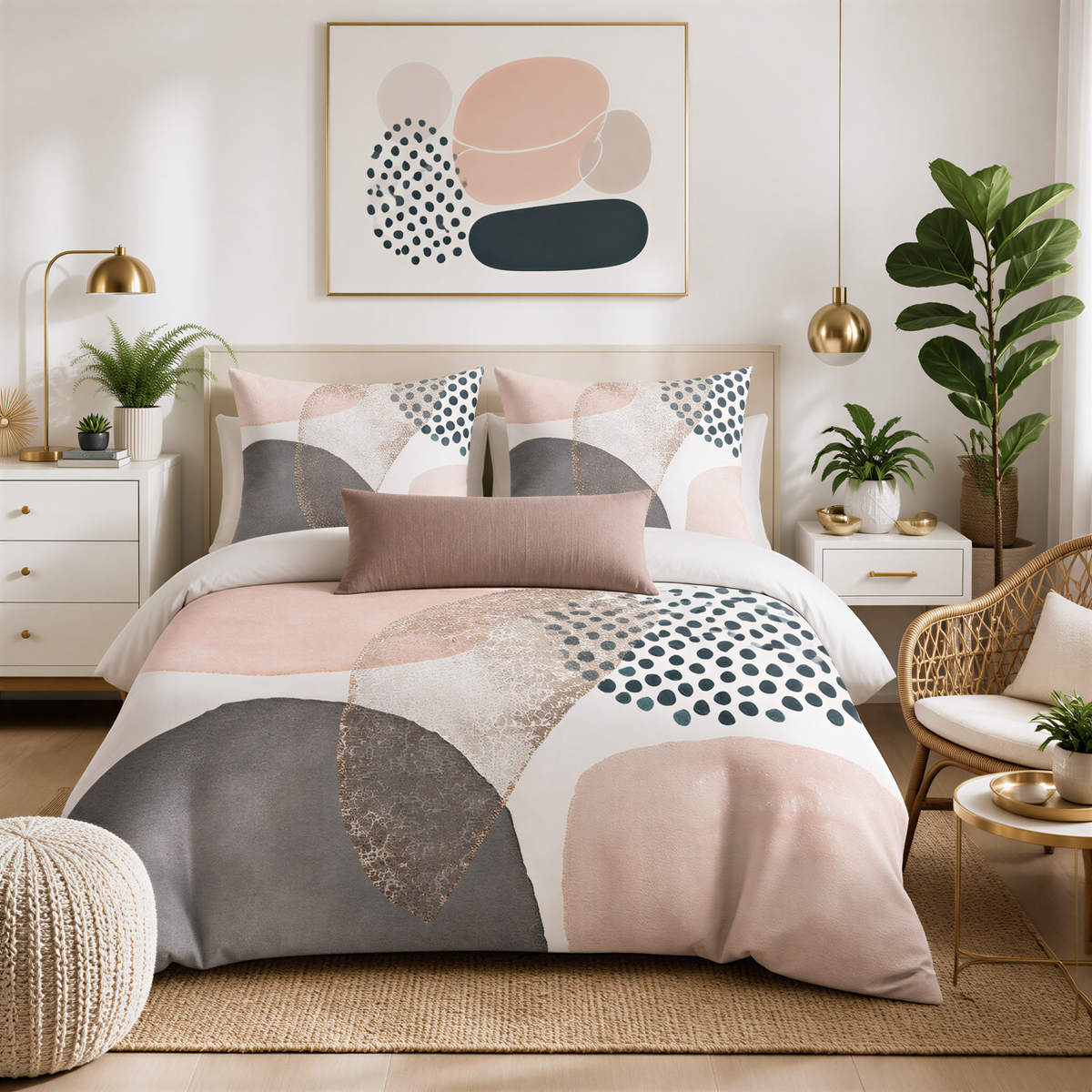 a modern and stylish bedroom with a large bed, a white dresser, and a painting on the wall. The bed is covered in a colorful, abstract-patterned comforter and pillows, creating a visually striking and inviting space. The room also features potted plants, a woven chair, and a gold lamp, adding to the overall aesthetic and comfort of the space.