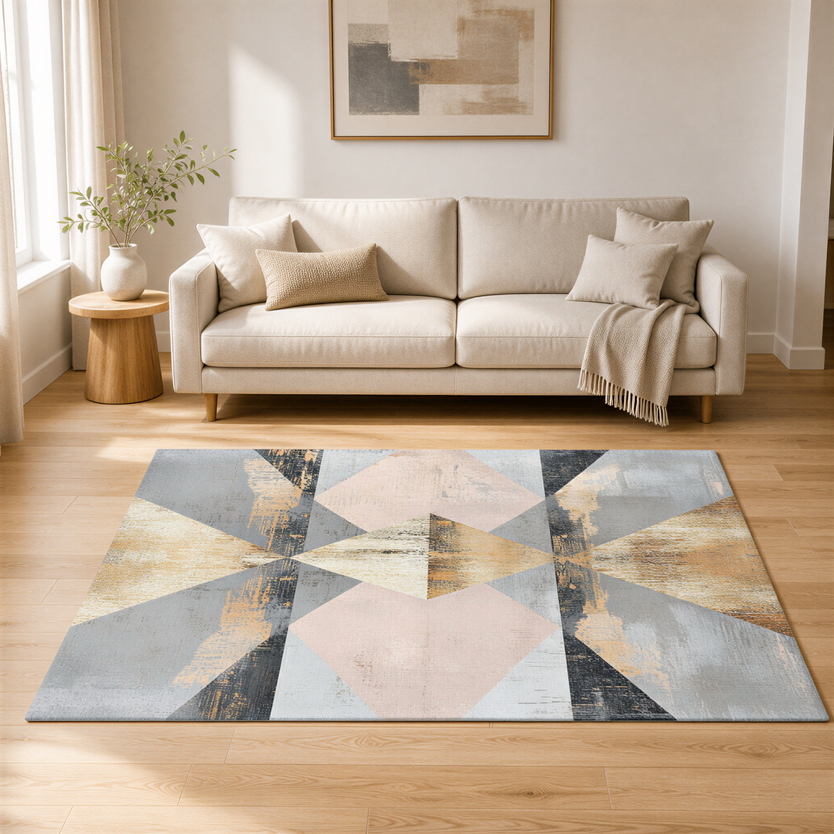 a living room with a beige sofa, a wooden side table, and a large abstract rug on the floor.