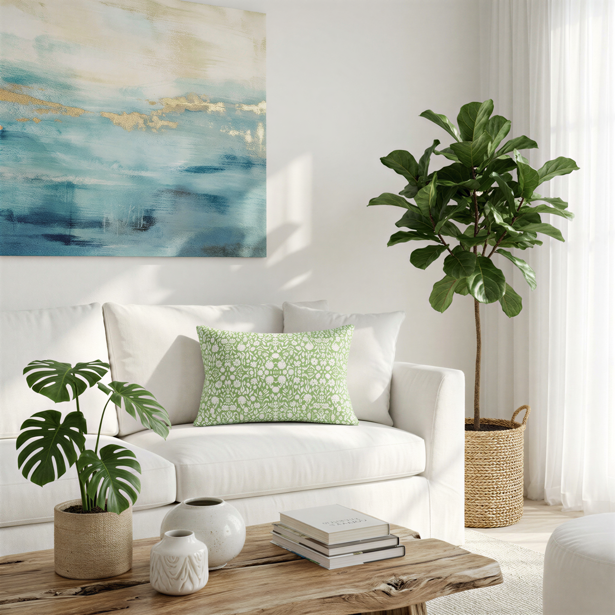 a cozy living room with a white sofa, a wooden coffee table, and a large potted plant. The room is decorated with a large abstract painting on the wall, and there are several books and decorative items on the coffee table.