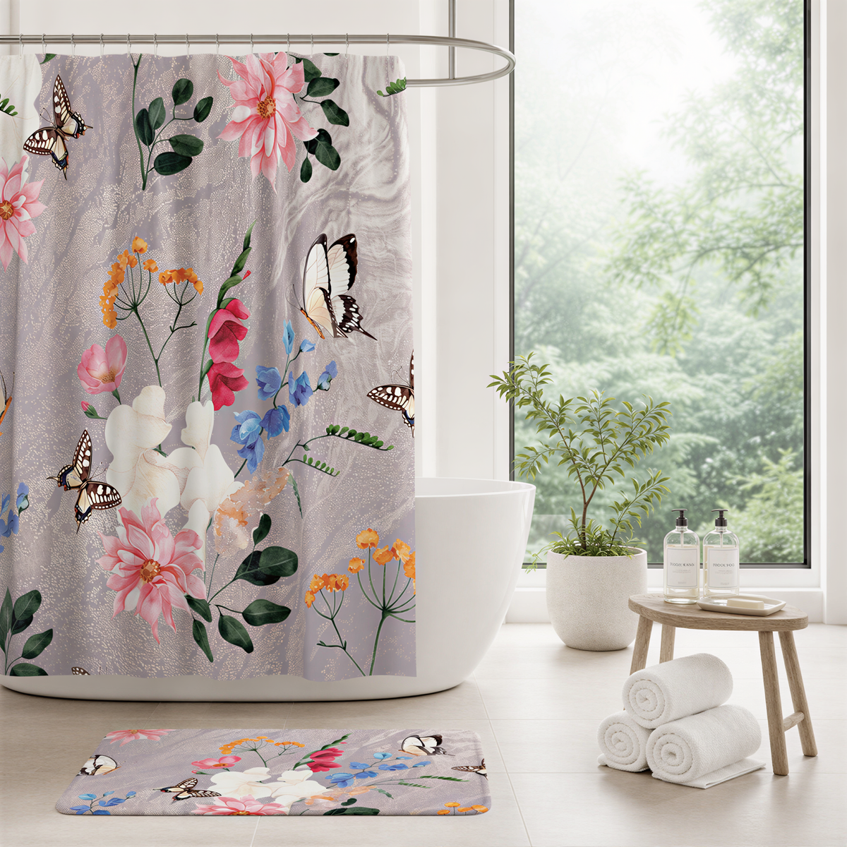 a bathroom with a floral shower curtain featuring pink and white flowers, a white bathtub, a wooden stool, and a potted plant.