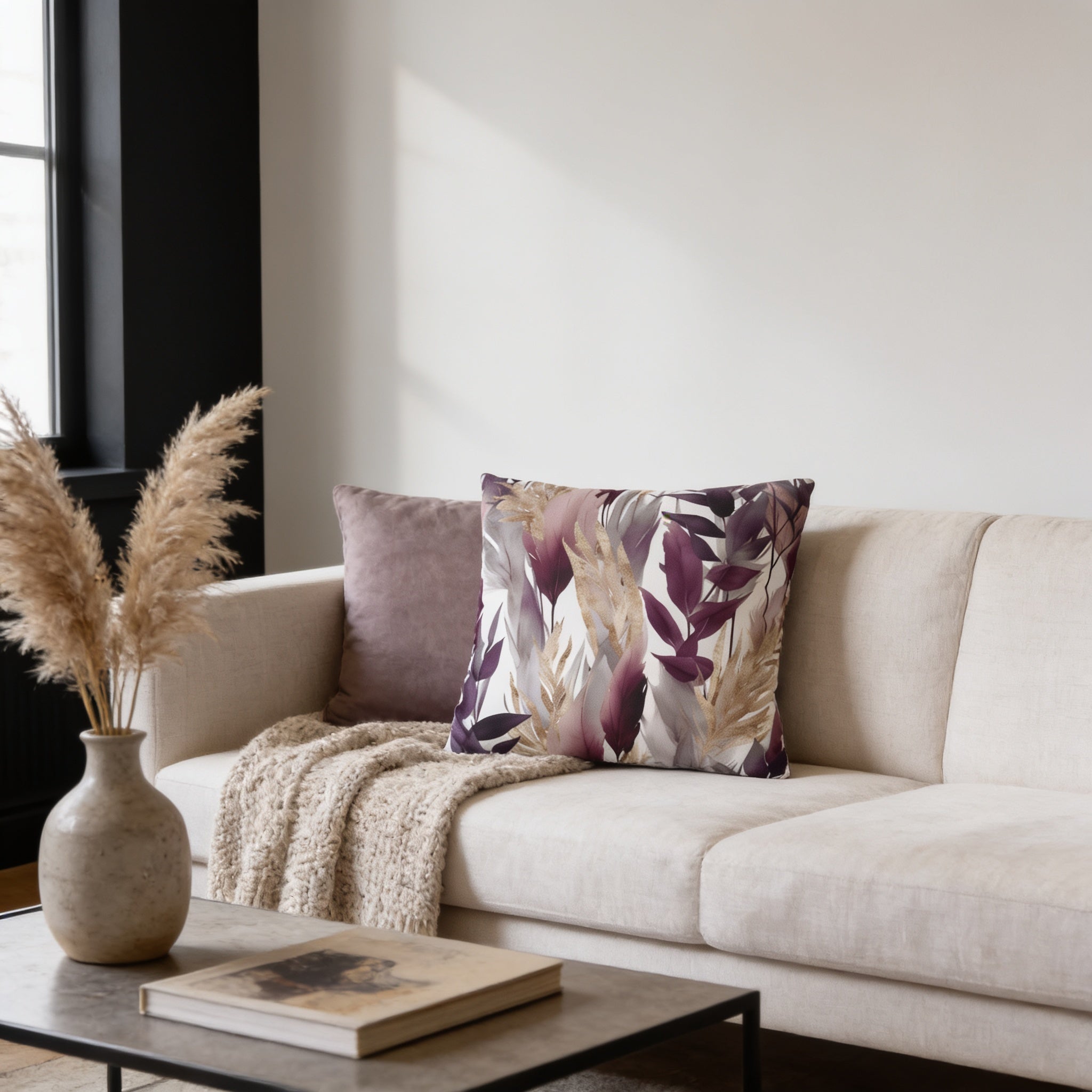 a cozy living room with a beige sofa adorned with a purple and gold leaf-patterned throw pillow. A wooden coffee table sits in front of the sofa, and a vase with dried flowers adds a touch of nature to the space. The room is illuminated by natural light coming through a window, creating a warm and inviting atmosphere.