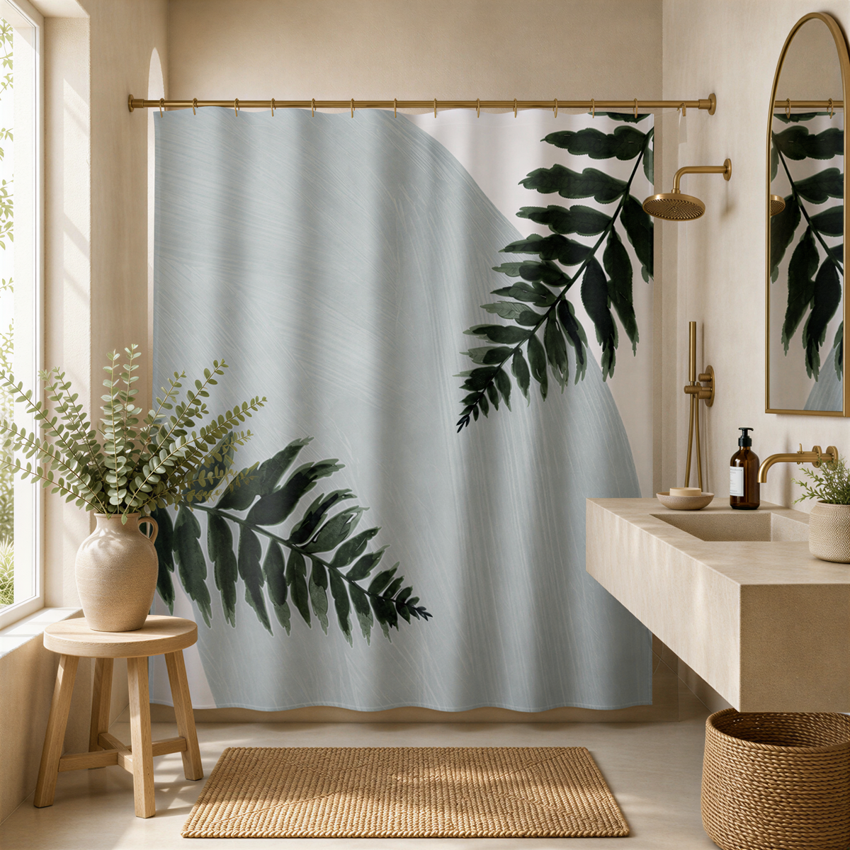 a serene and modern bathroom with a large window, a shower curtain featuring a leaf design, a wooden stool, a sink, and a mirror.