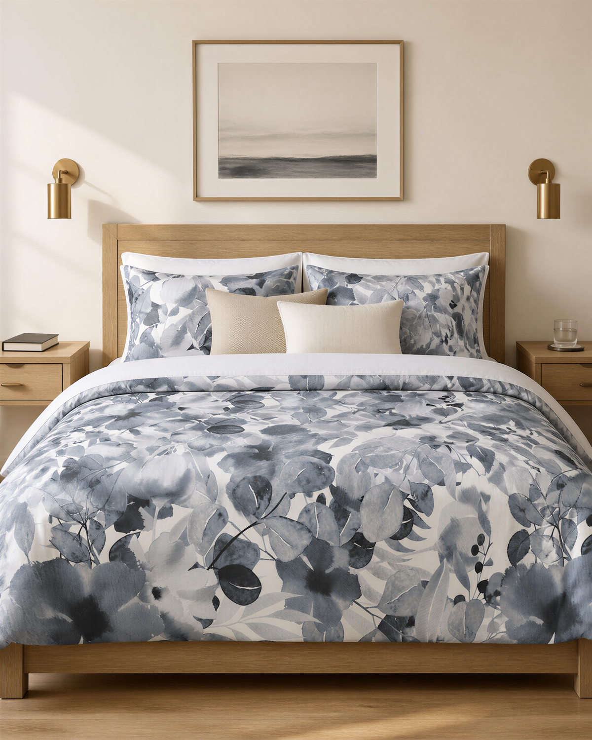 a bedroom with a large bed covered in a blue and white floral comforter. The bed is framed by a wooden headboard and has two nightstands on either side. Above the bed, there is a framed picture hanging on the wall.
