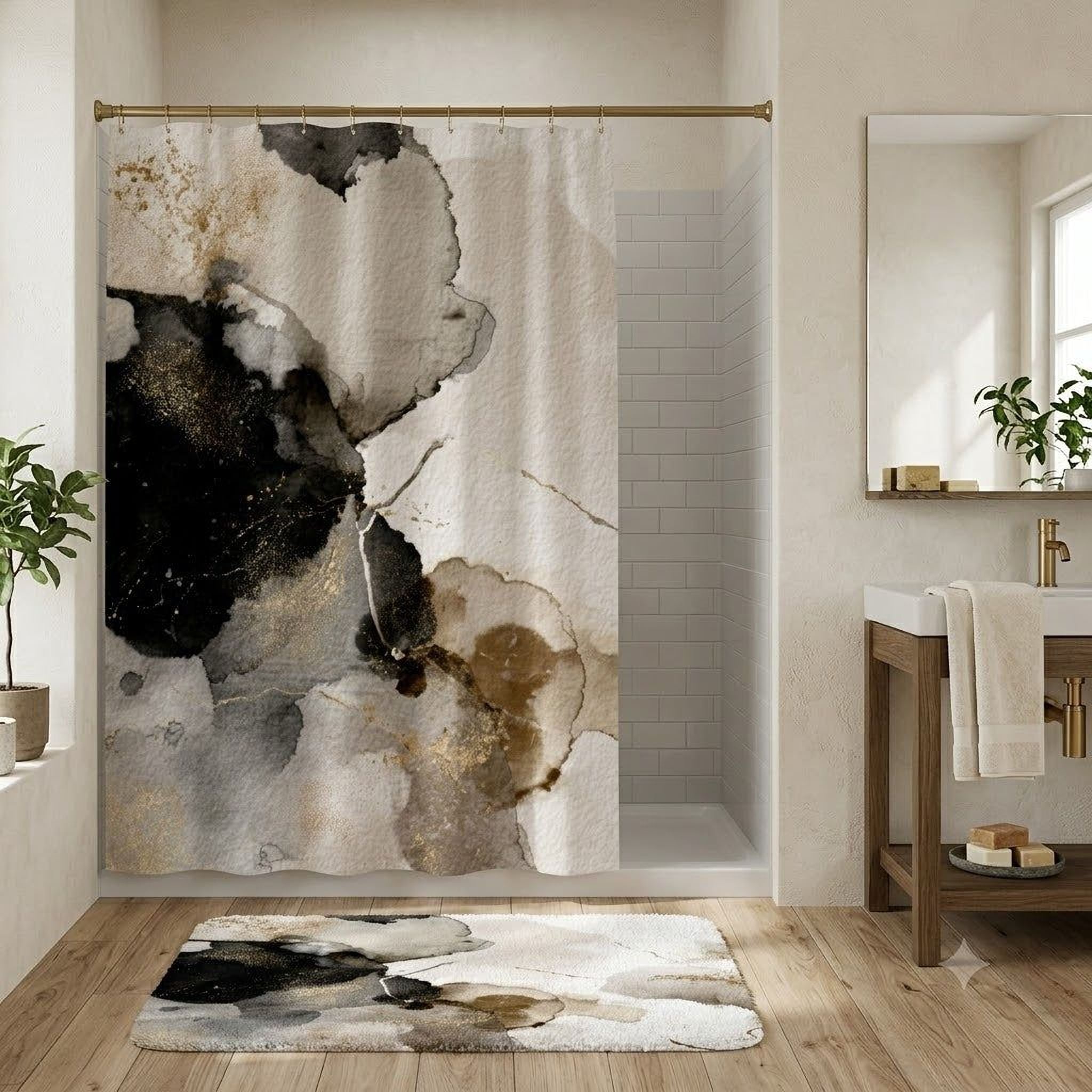 a modern bathroom with a large abstract shower curtain featuring a mix of black, white, and gold colors. The bathroom is well-decorated with a wooden vanity, a rug, and potted plants, creating a stylish and sophisticated atmosphere.