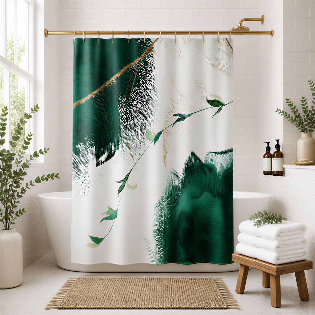 a bathroom with a green and white shower curtain, a white bathtub, and a wooden stool. The shower curtain has a leafy design and a gold leaf pattern. There are also some plants and decorative items in the bathroom, such as a vase and a bottle.