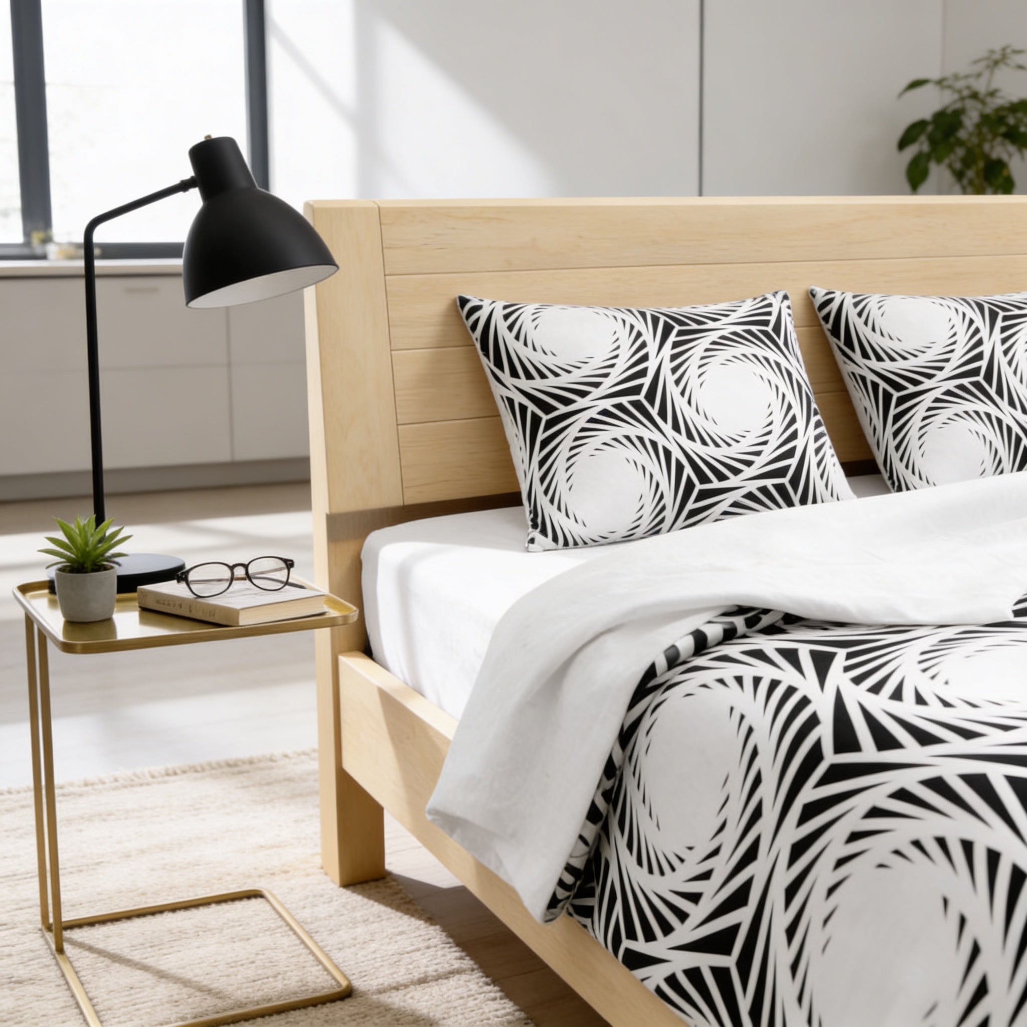 a modern bedroom with a wooden headboard, a black lamp, a small side table, and a bed with a black and white patterned comforter.