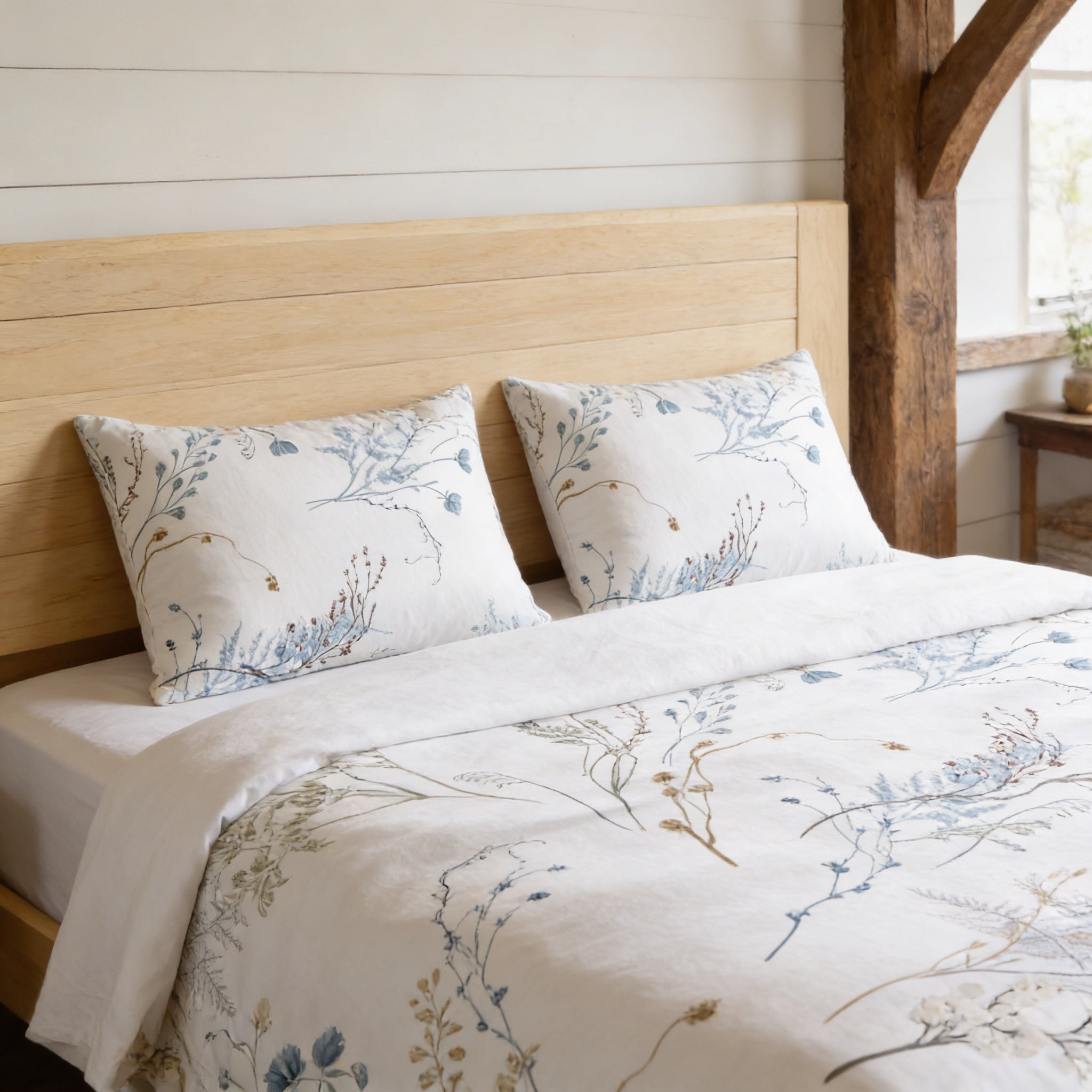 a cozy bedroom with a bed featuring a white and blue floral bedspread and matching pillows. The bed is set against a wooden headboard, creating a warm and inviting atmosphere.