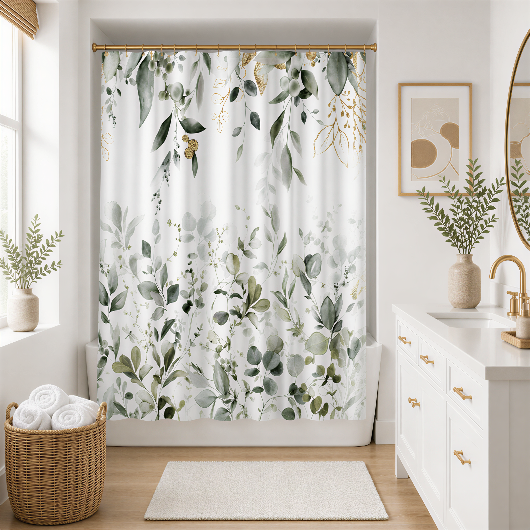 a bathroom with a shower curtain featuring a green and white leaf pattern. The bathroom has white walls, a white countertop, and a white sink. There is a wicker basket on the floor and a framed picture on the wall.
