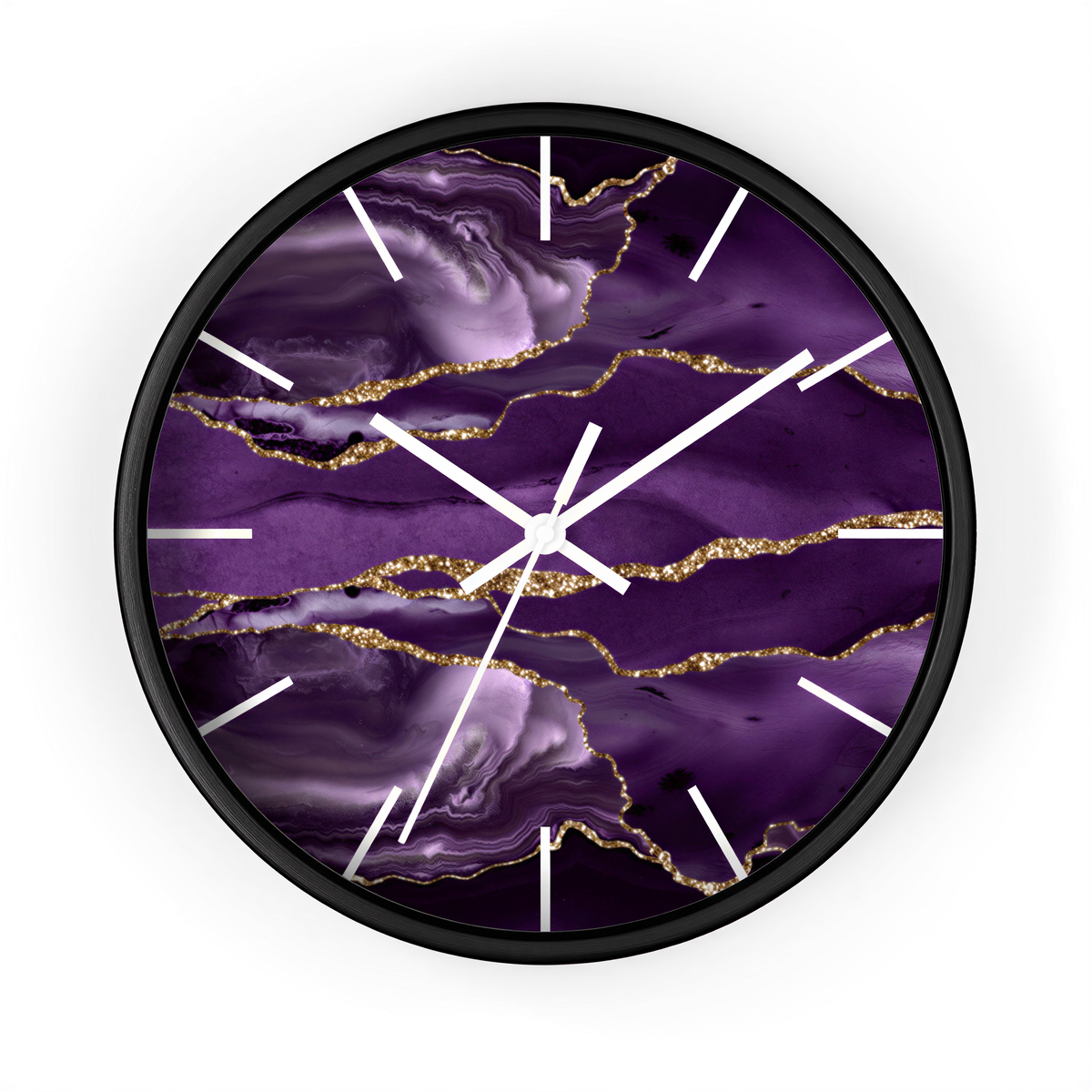 Marble Print Wood Wall Clock Purple Gold close-up of numerals