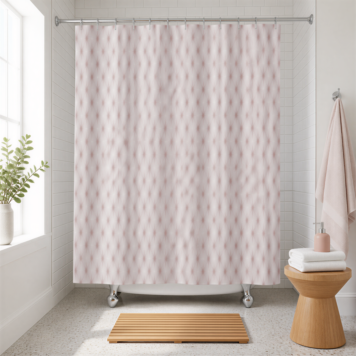 a bathroom with a shower curtain featuring a pink pattern, a wooden stool, and a potted plant.