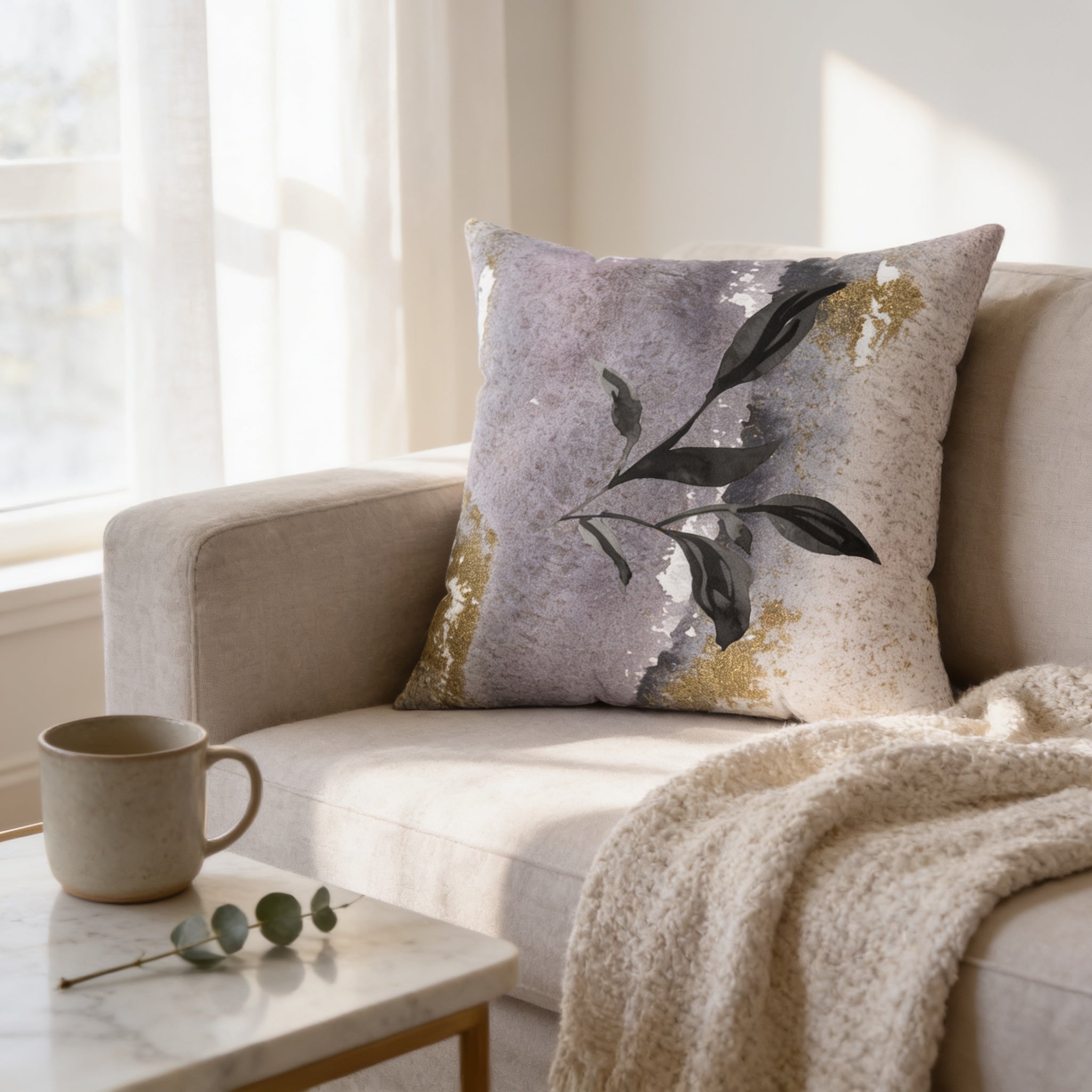 a cozy living room with a beige sofa, a white coffee table, and a decorative throw pillow with a leaf design. The pillow is placed on the sofa, and there is a mug and some greenery on the coffee table.