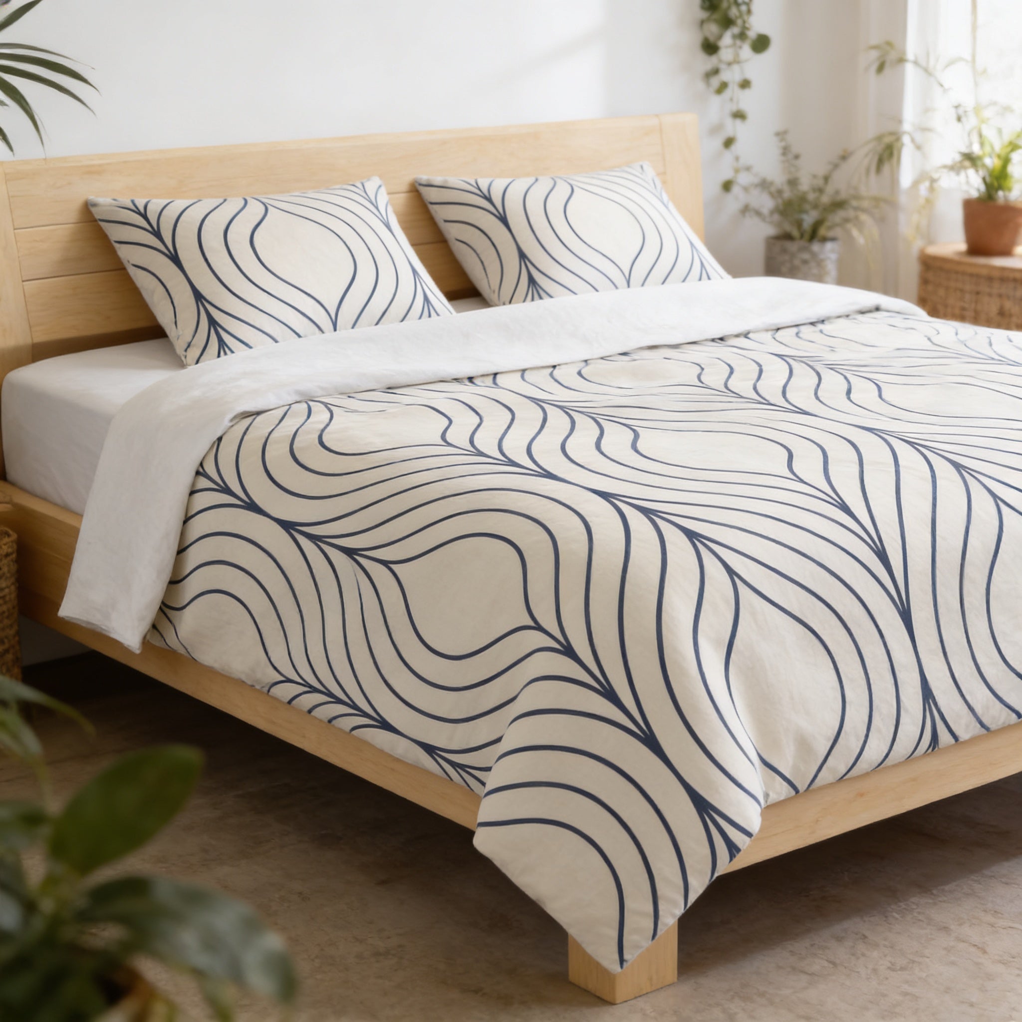 a modern bedroom with a wooden bed frame and a white and blue patterned comforter. The bed is neatly made with a white pillow and a white blanket. The room also features potted plants and a window, creating a serene and inviting atmosphere.