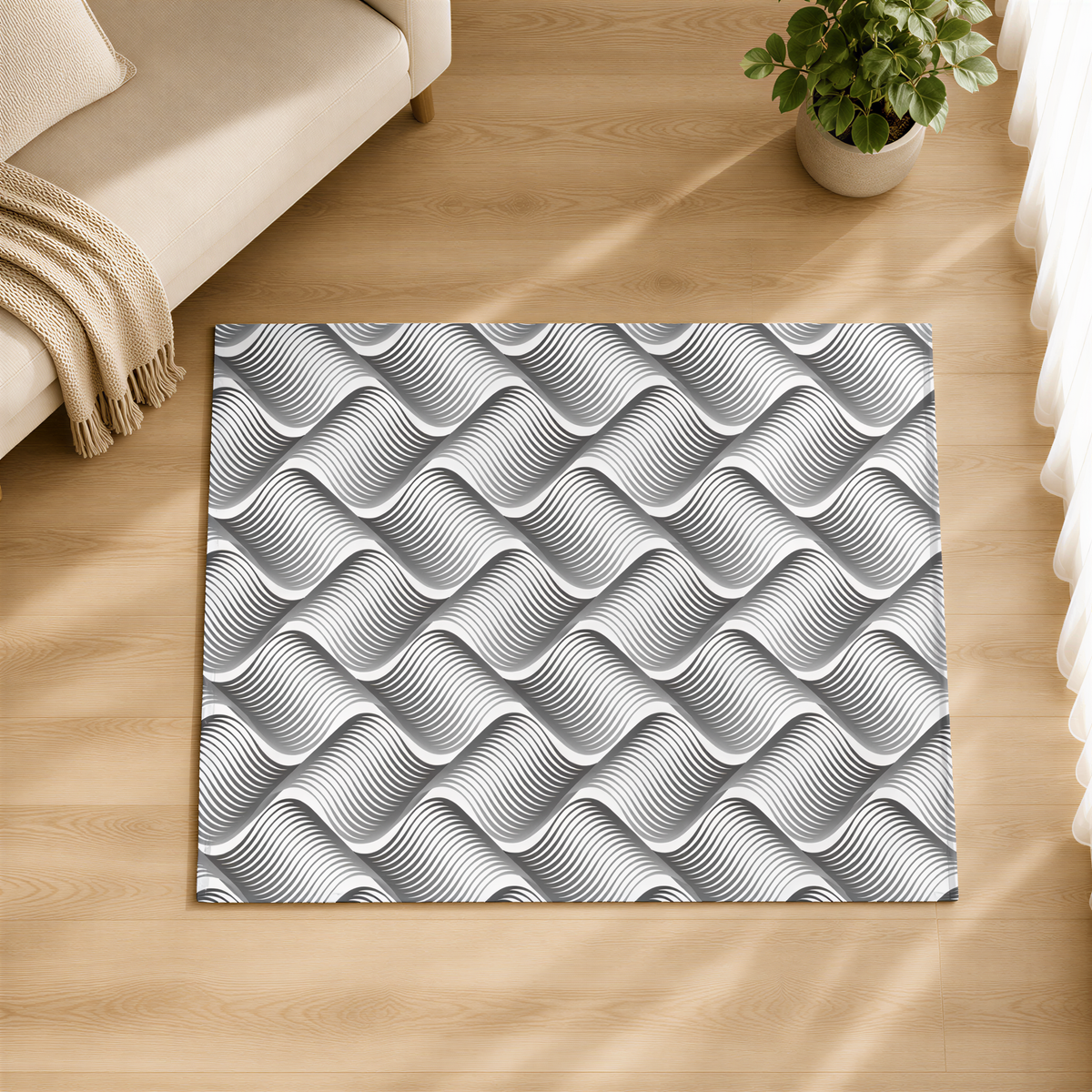 a rug with a repeating wave pattern on a wooden floor, accompanied by a sofa, a potted plant, and a window.