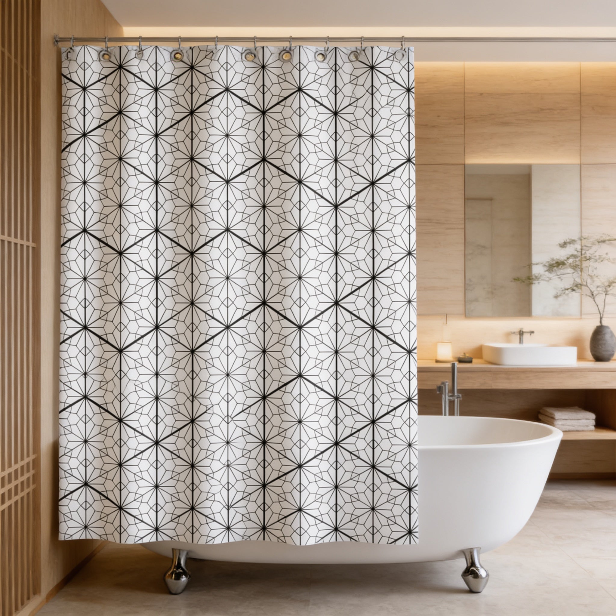a modern bathroom with a white freestanding bathtub, a shower curtain with a geometric pattern, and a wooden vanity with a sink.