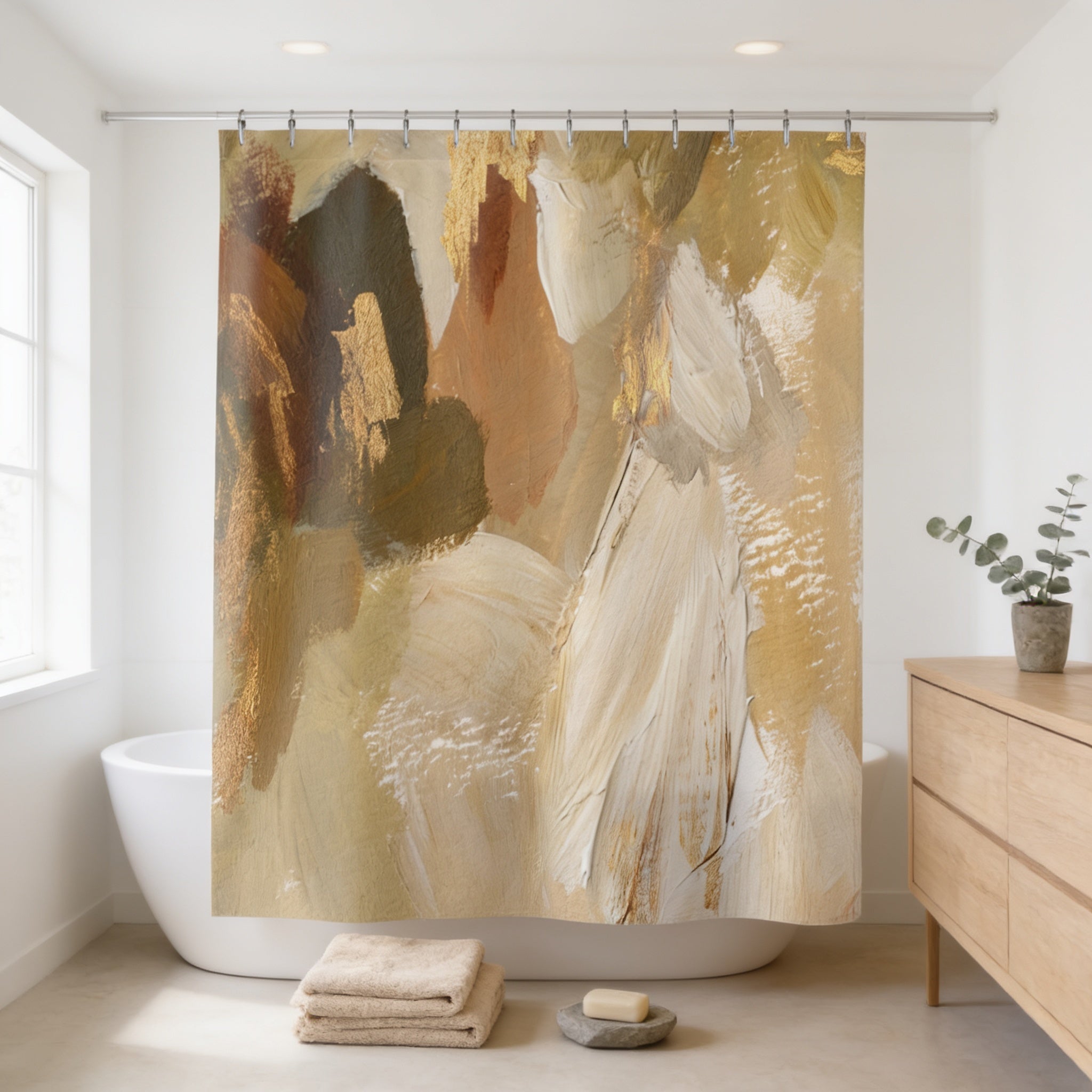 a bathroom with a large abstract painting hanging on the wall above a white bathtub. The painting has a warm color palette of brown, beige, and gold, creating a cozy and inviting atmosphere. The bathroom also includes a wooden dresser and a potted plant, adding to the overall aesthetic of the space.