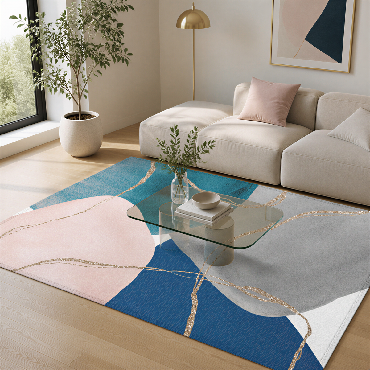 a modern living room with a large window, a white sofa, a glass coffee table, and a colorful abstract rug on the floor.