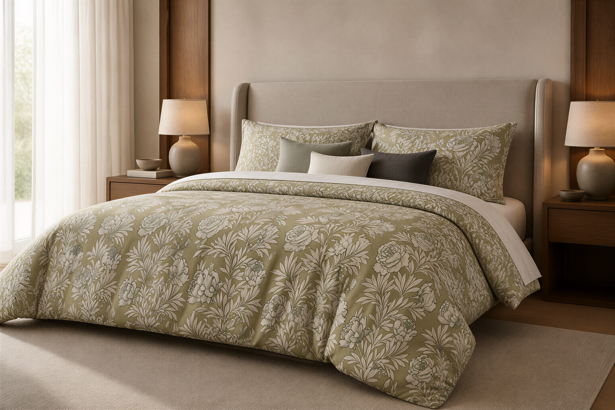 a well-furnished bedroom with a large bed, a wooden headboard, and two nightstands with lamps. The bed is covered in a floral-patterned comforter and pillows, creating a cozy and inviting atmosphere.