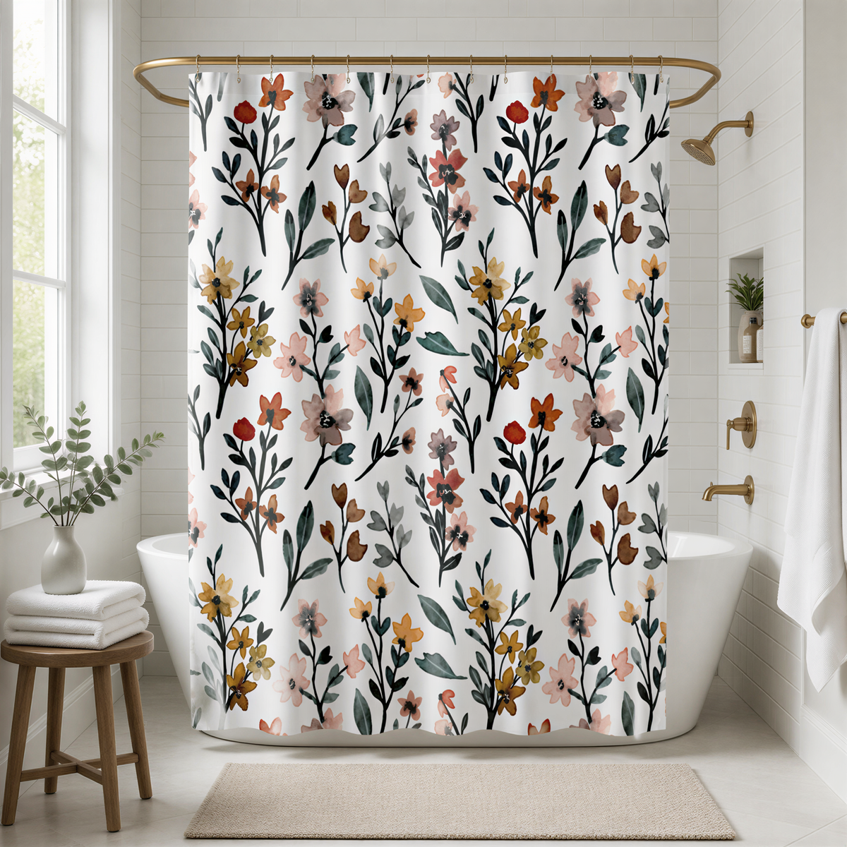 a bathroom with a shower curtain adorned with a floral pattern in shades of green, pink, and orange. The shower curtain is hanging from a gold rod, and the bathroom has white walls and a white bathtub. There is a wooden stool in the foreground, and a potted plant is visible on the windowsill.