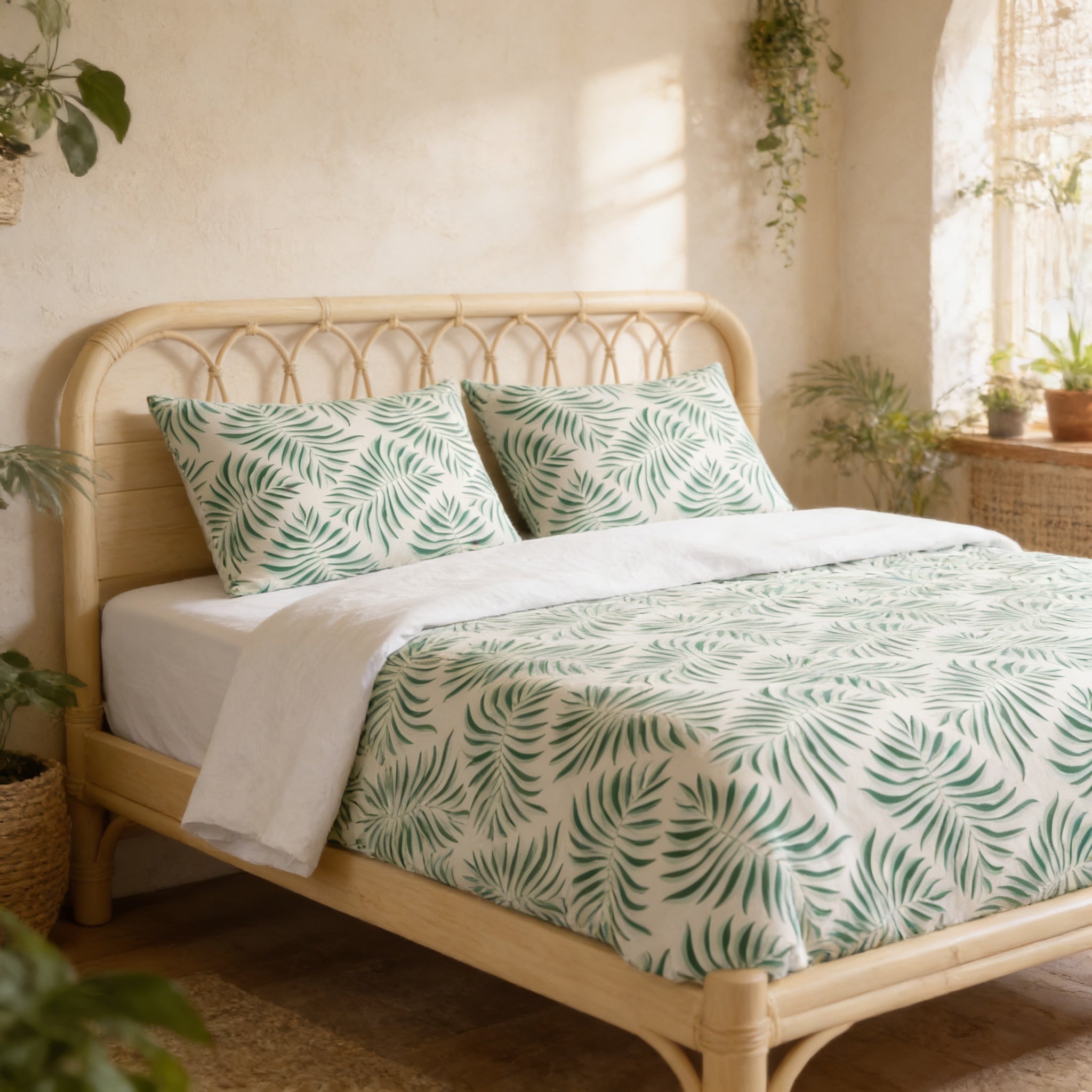 a cozy bedroom with a bed adorned with a green leaf-patterned comforter and pillows. The bed is framed by a wooden headboard and is surrounded by various potted plants, creating a serene and natural atmosphere.