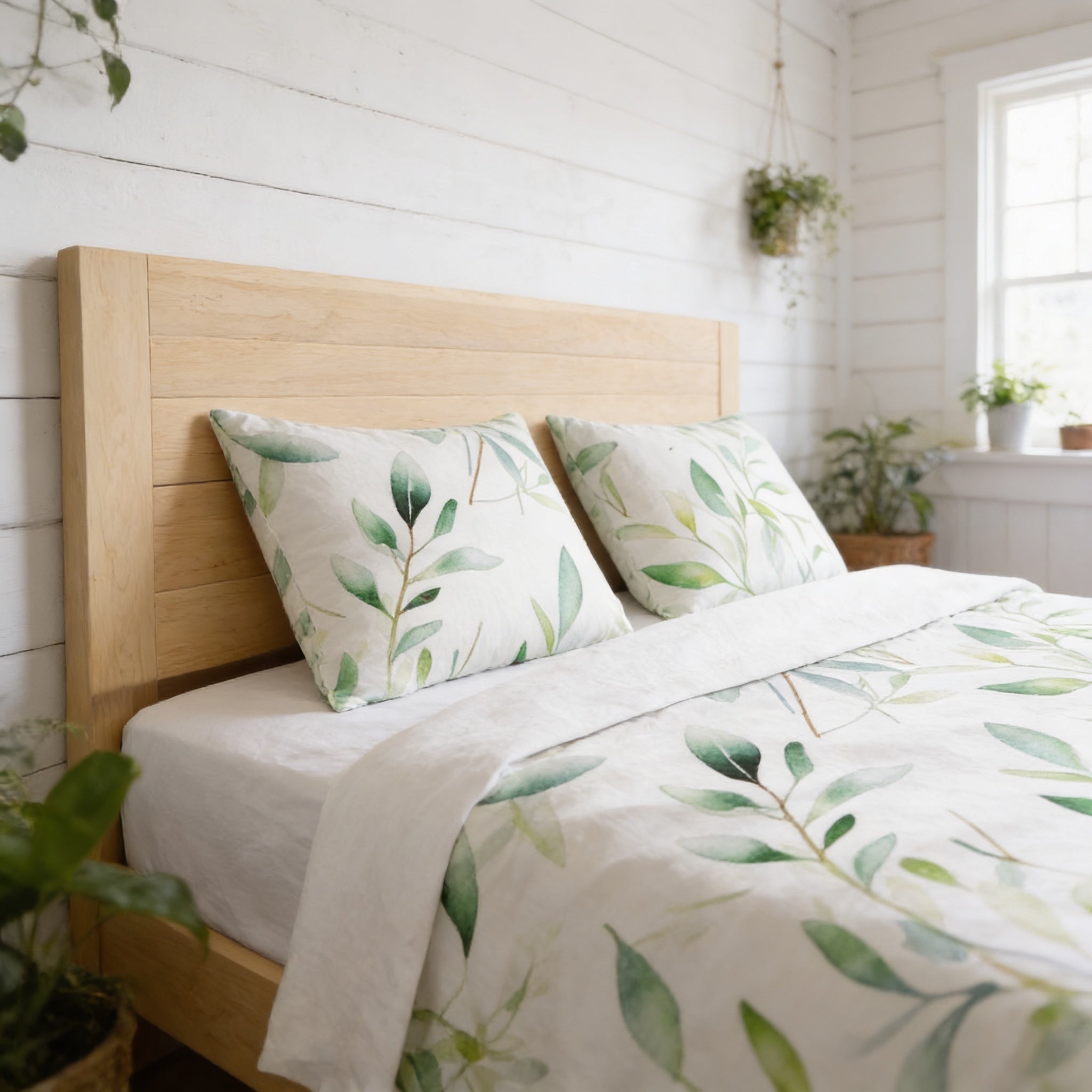 a cozy bedroom with a wooden headboard and a white bedding set featuring a leafy green pattern. The room is decorated with potted plants and a hanging plant, creating a serene and natural atmosphere.