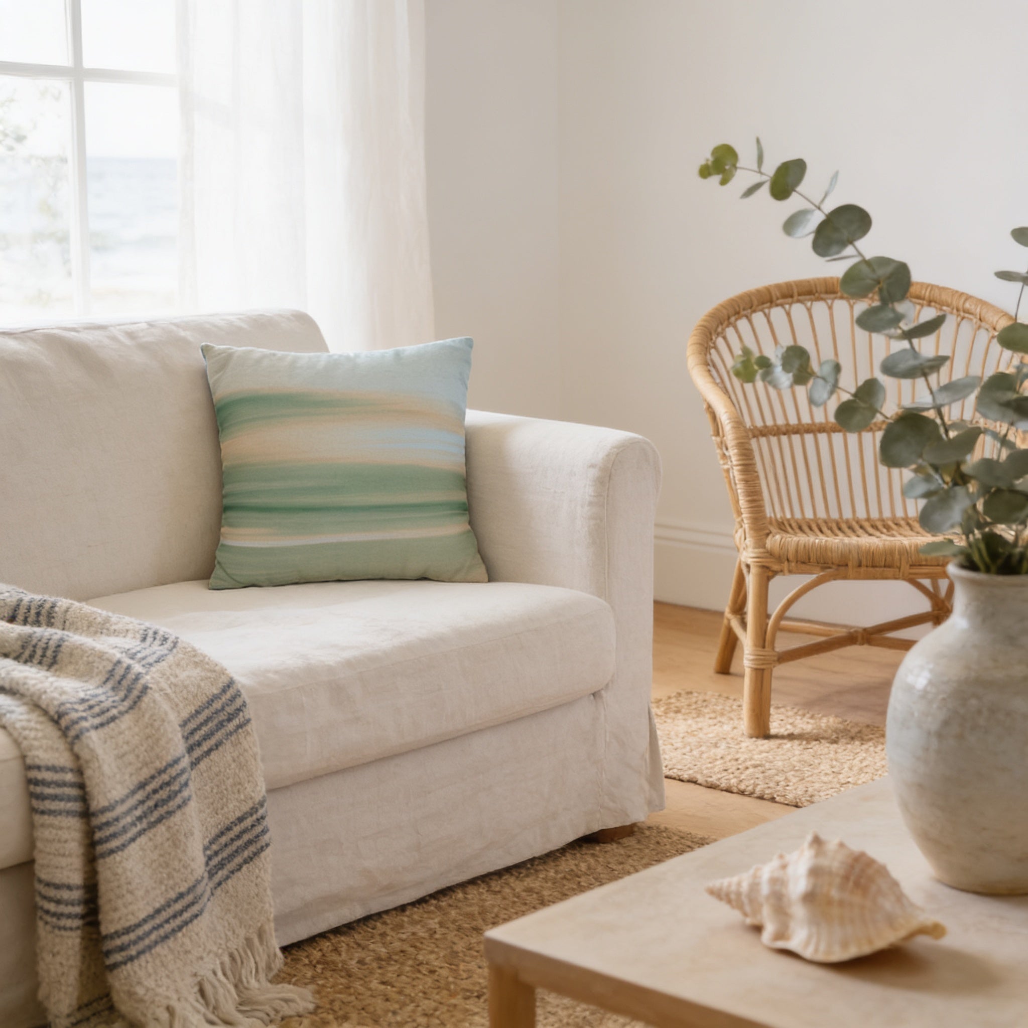 a cozy living room with a white sofa, a woven chair, and a vase with greenery. The sofa has a striped throw blanket draped over it, and a blue and white striped pillow is placed on the armrest. The woven chair has a natural, rustic appearance, and a seashell is displayed on the coffee table. The room is illuminated by natural light coming through a window, creating a warm and inviting atmosphere.